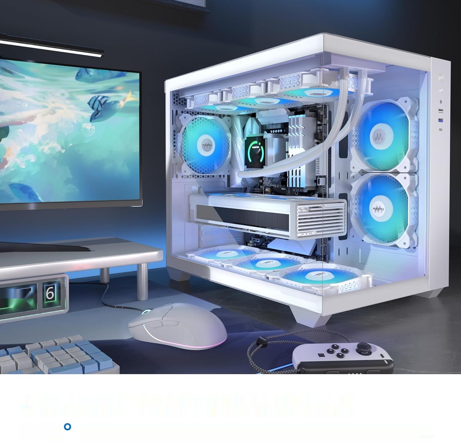 MUSETEX Y6 – biała obudowa PC ATX z 6 wentylatorami PWM ARGB i szkłem