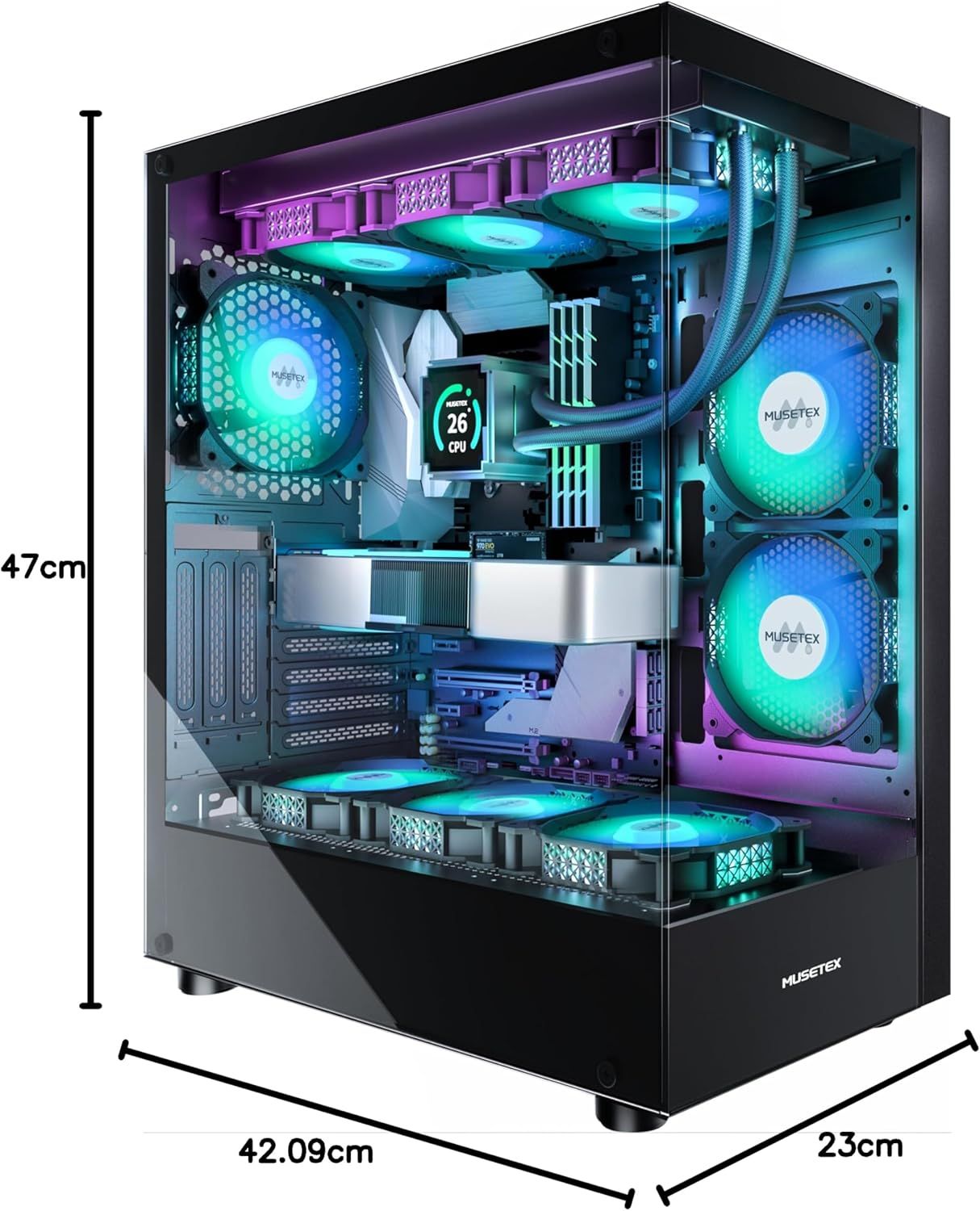 MUSETEX Obudowa PC ATX z wstępnie zainstalowanymi 6 wentylatorami PWM
