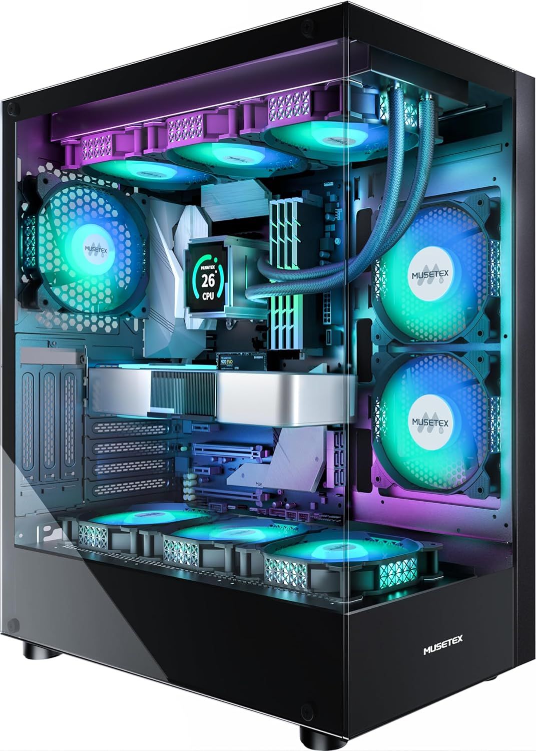 MUSETEX Obudowa PC ATX z wstępnie zainstalowanymi 6 wentylatorami PWM