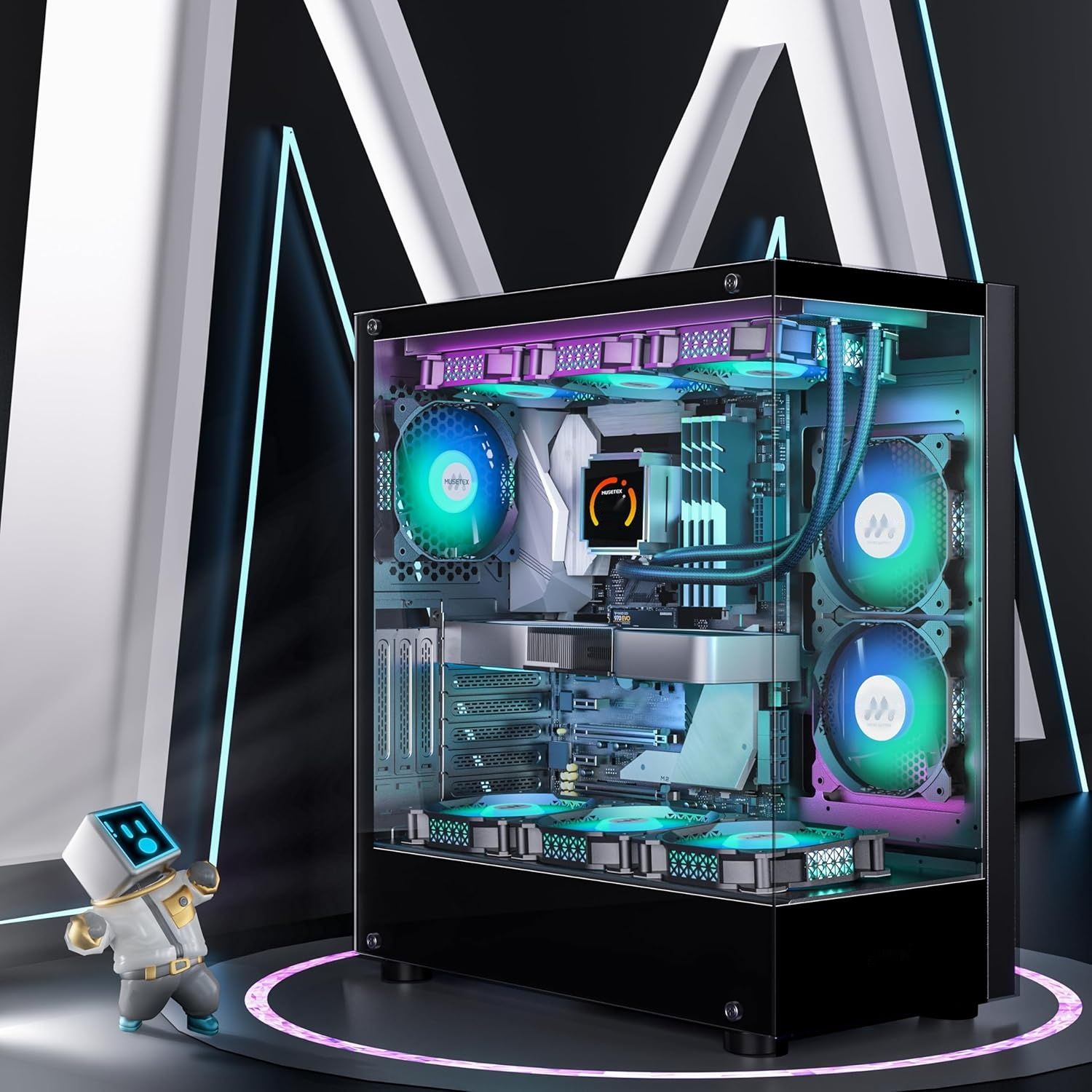 MUSETEX Obudowa PC ATX z wstępnie zainstalowanymi 6 wentylatorami PWM