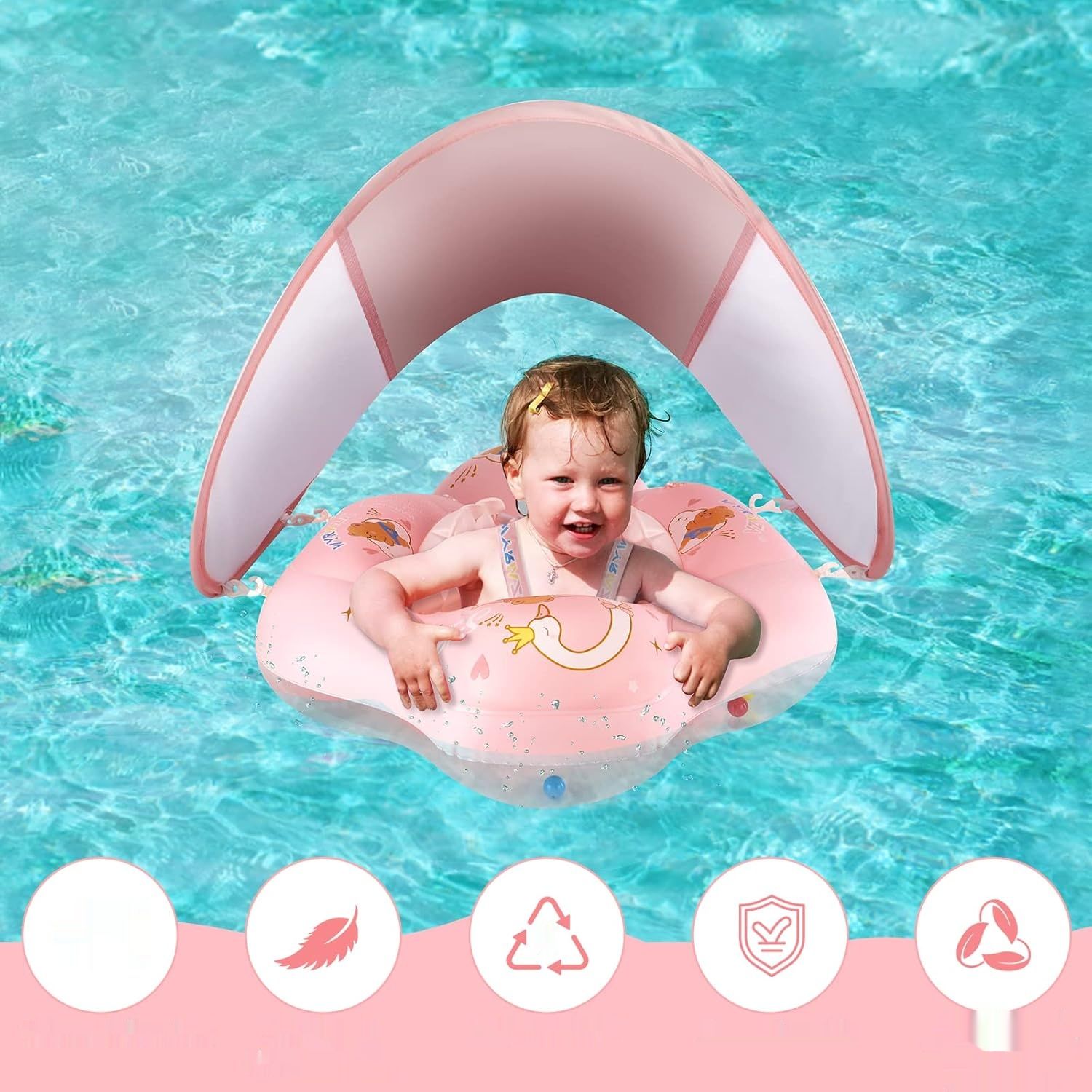 Salvagente dla niemowląt z daszkiem SPF 50+ WYRIAZA – rozmiar L (8–16 kg), kolor różowy