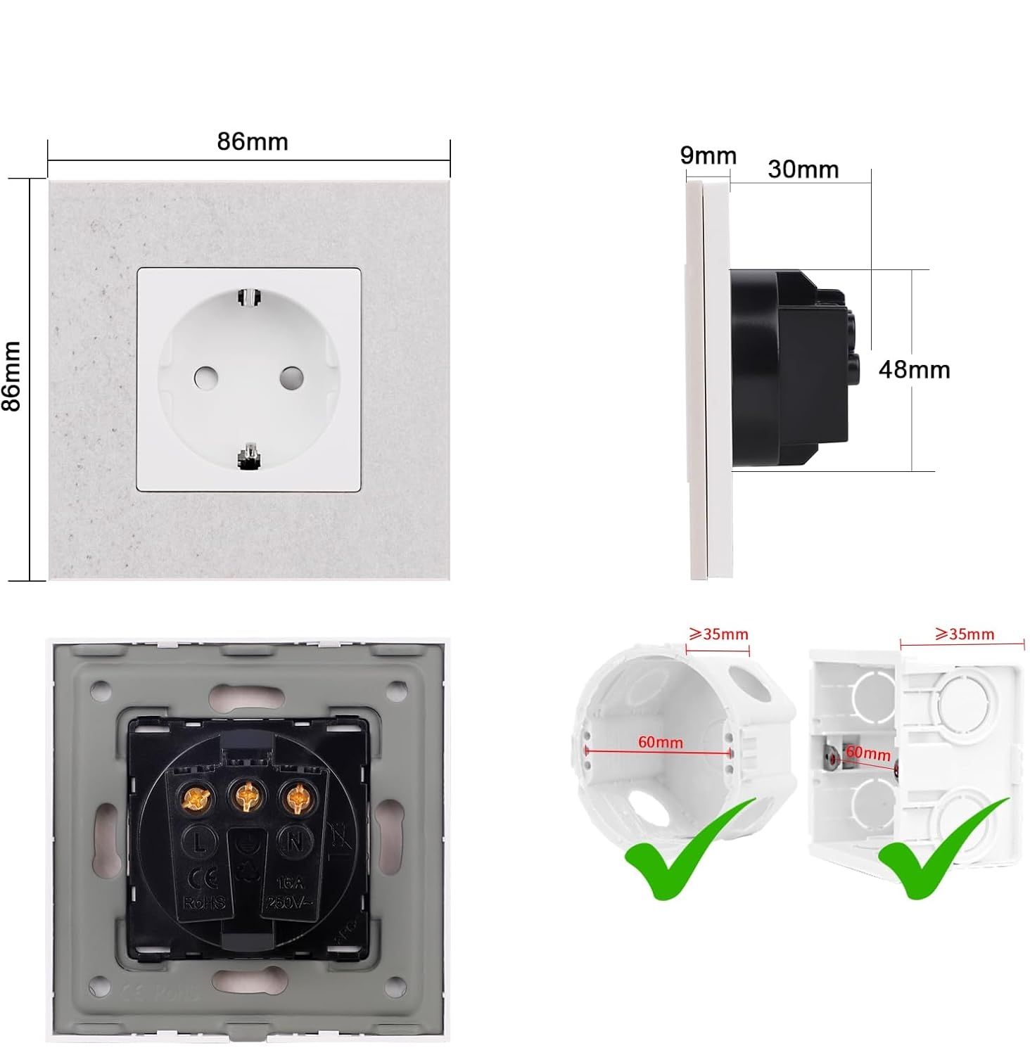 CNBINGO Gniazdo Schuko podtynkowe pojedyncze, białe, z ramką z marmuru sztucznego, 16 A