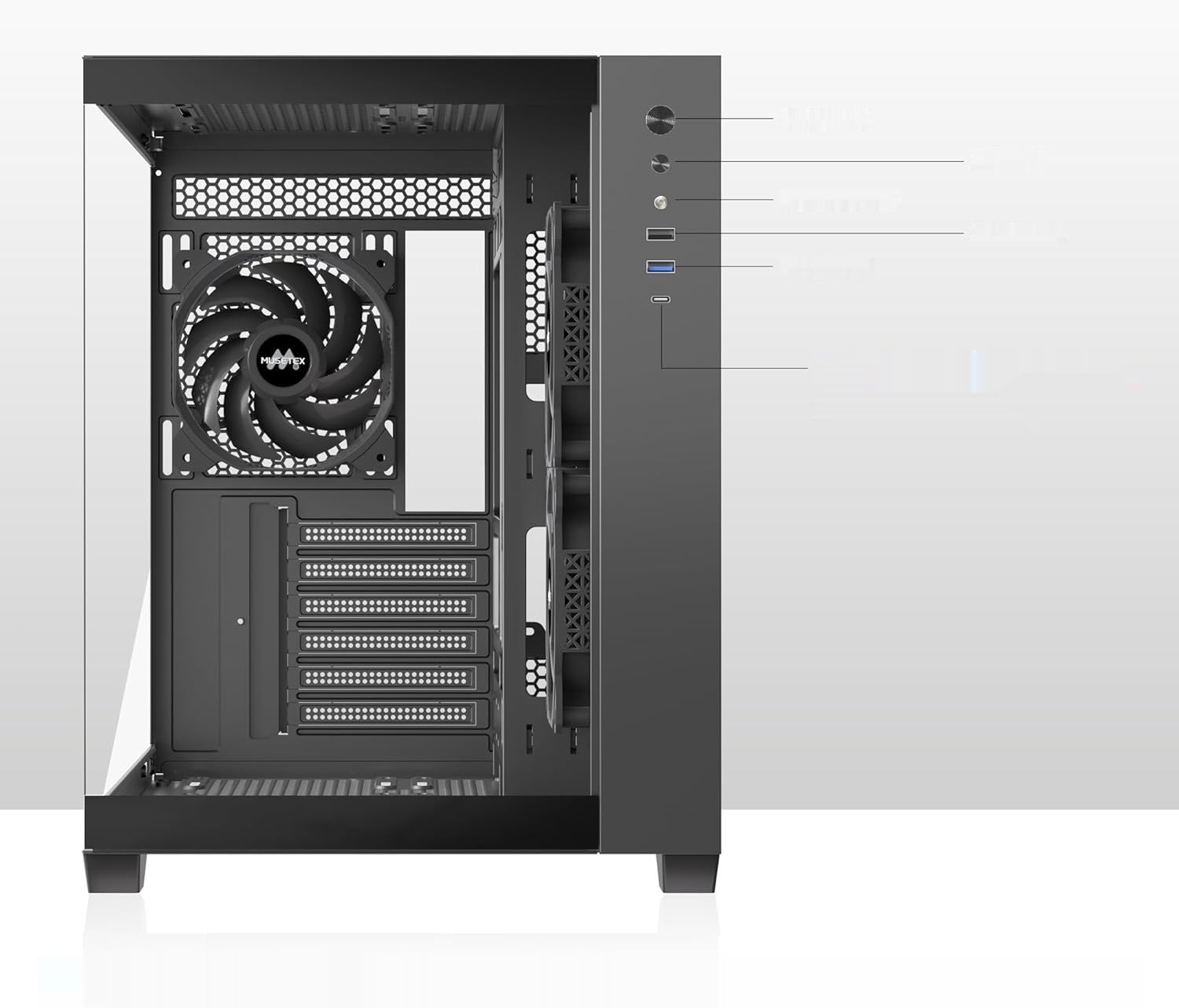 MUSETEX Obudowa PC ATX, 3 zainstalowane wentylatory bez podświetlenia