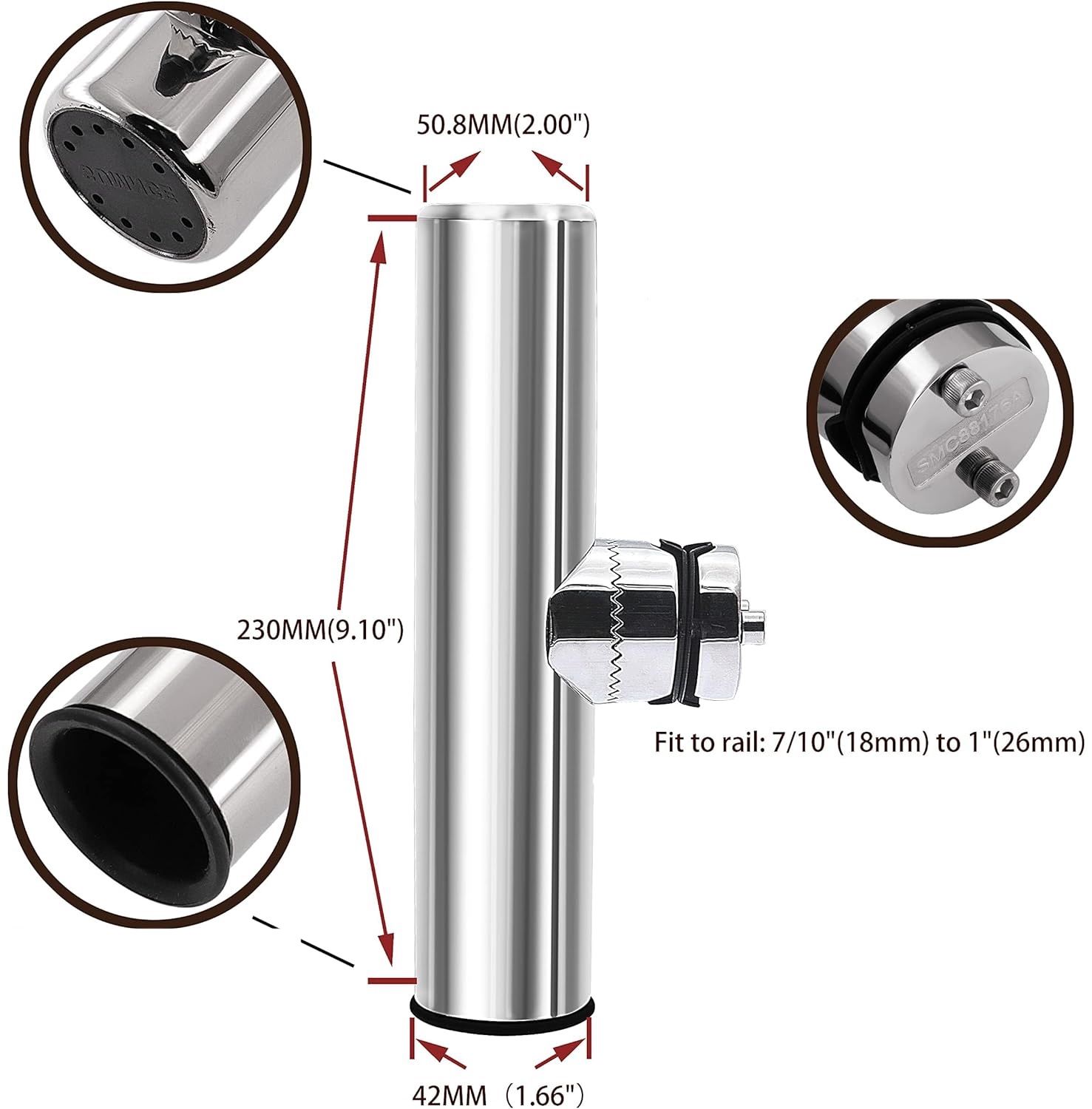 Geloo – Zestaw 2 regulowanych uchwytów na wędki ze stali nierdzewnej 316 do montażu na relingu (18–26 mm)