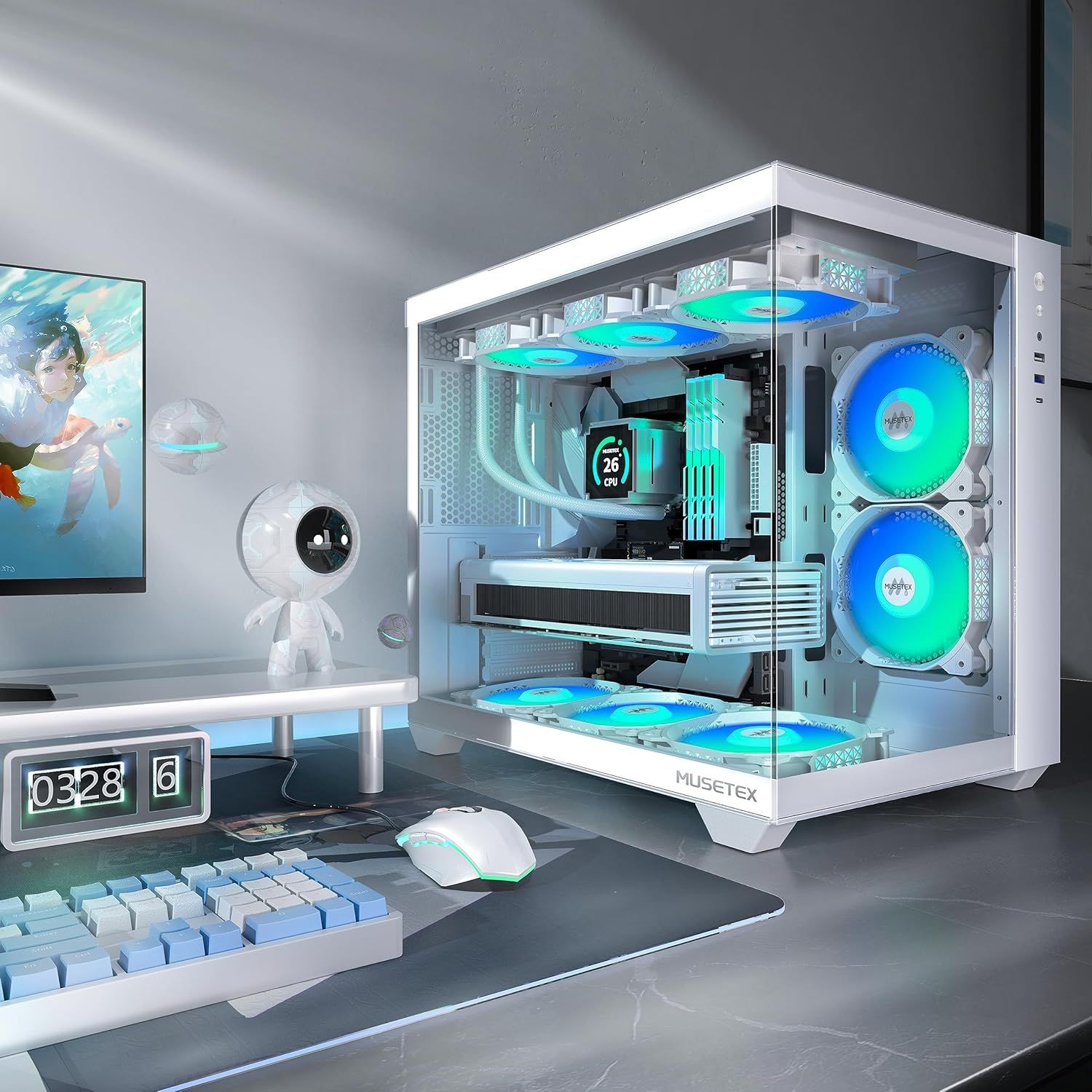 MUSETEX obudowa PC ATX, zainstalowanych 6 wentylatorów PWM ARGB, obsłs