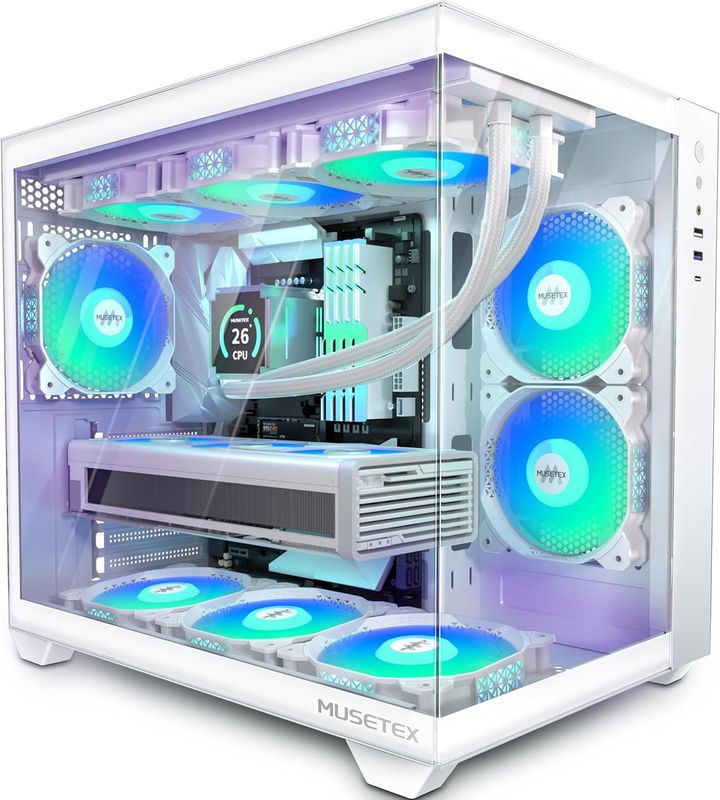 MUSETEX obudowa PC ATX, zainstalowanych 6 wentylatorów PWM ARGB, obsłs