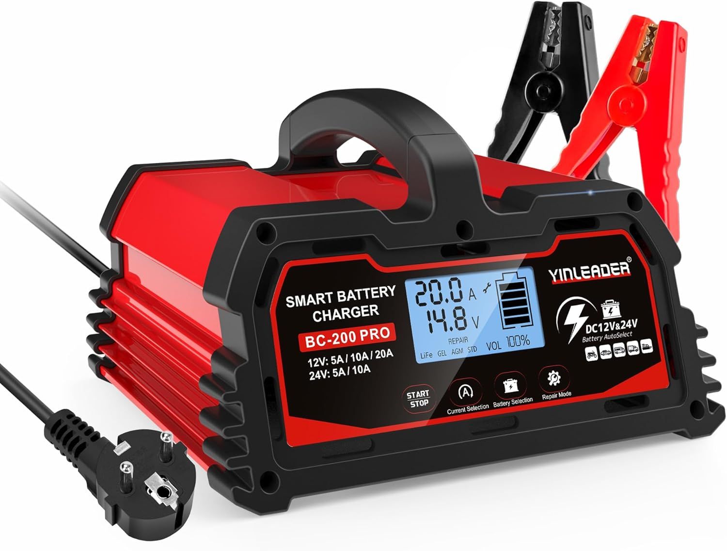 Ładowarka do akumulatorów samochodowych Yinleader 20A 12V/24V z wyświetlaczem LCD