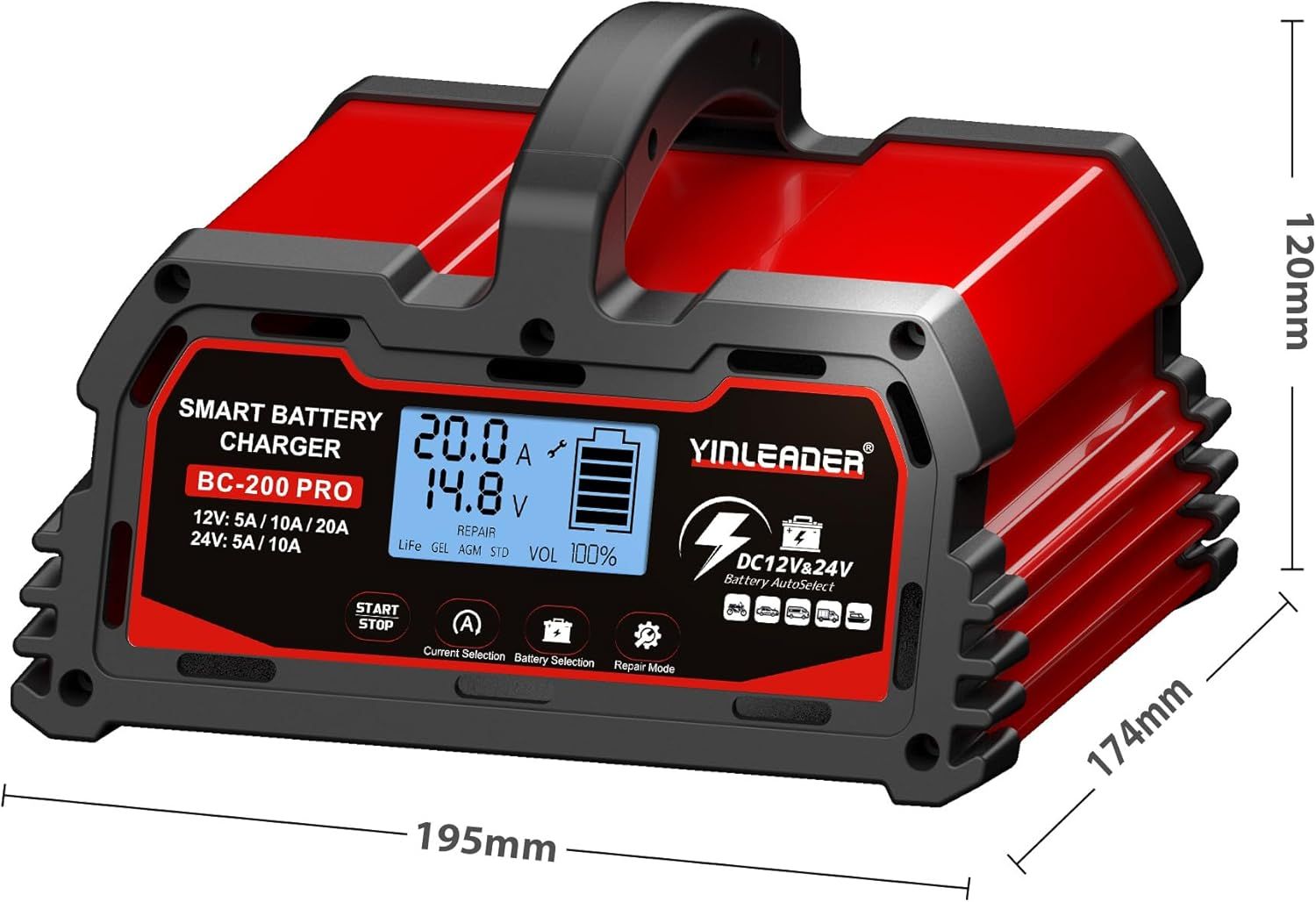 Ładowarka do akumulatorów samochodowych Yinleader 20A 12V/24V z wyświetlaczem LCD