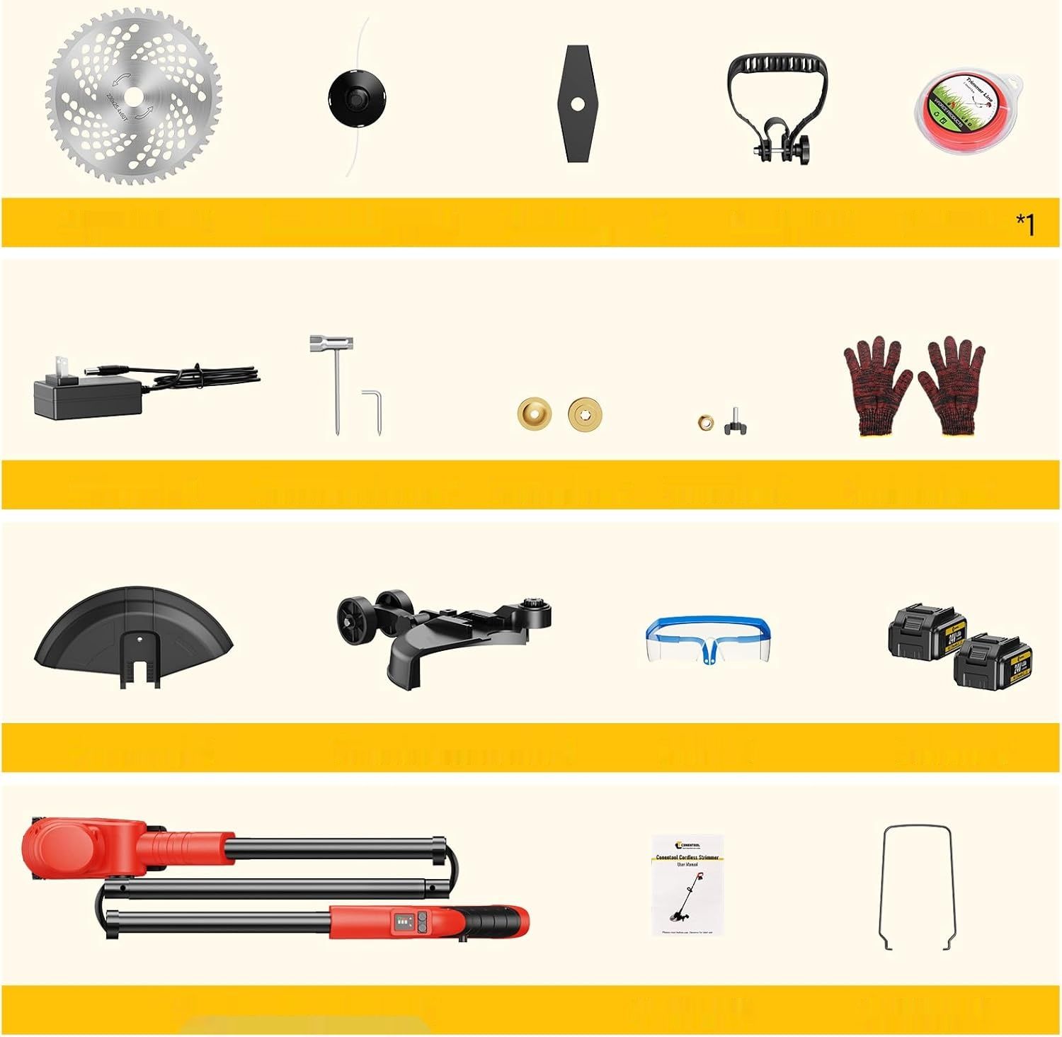 ONENTOOL bezszczotkowy podkaszarka akumulatorowa 1000W z 2x akumulatorem 4000mAh