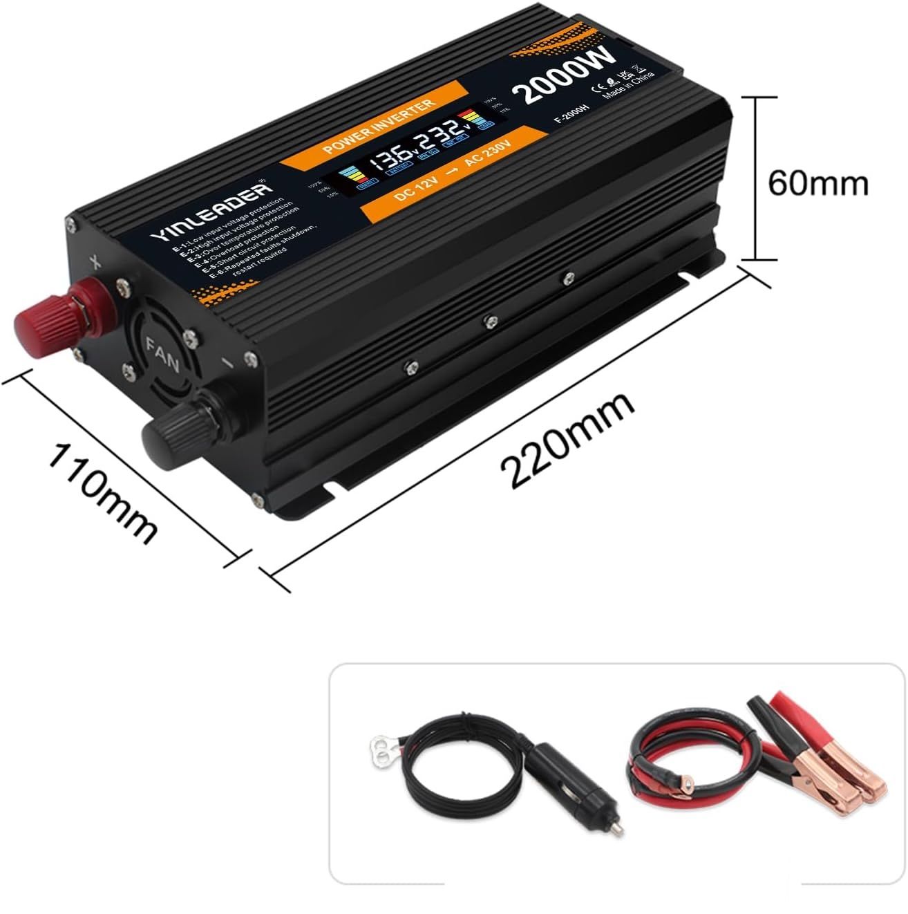 Yinleader Inwerter napięcia 12V na 220V 1000W / 2000W z wyświetlaczem LCD i 2x USB – czarny