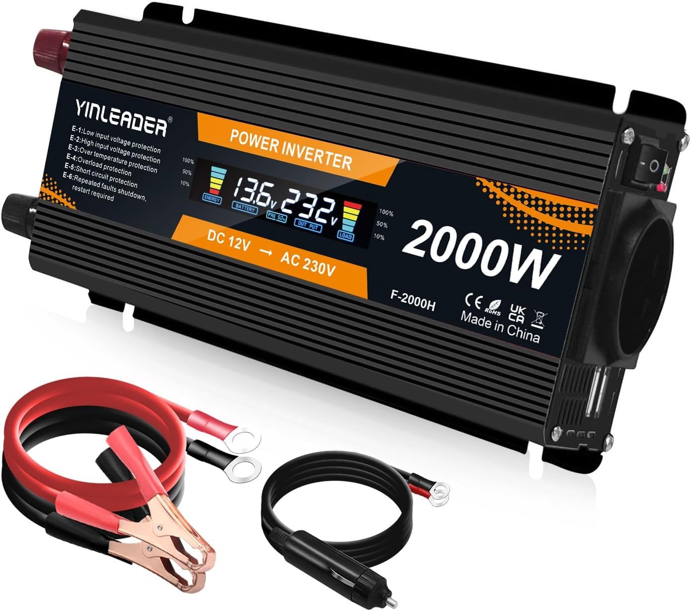 Yinleader Inwerter napięcia 12V na 220V 1000W / 2000W z wyświetlaczem LCD i 2x USB – czarny