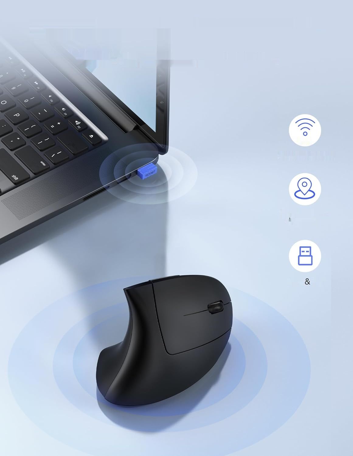 TECKNET TK-MS007 – pionowy, ergonomiczny mysz bezprzewodowa 4800 DPI, czarna