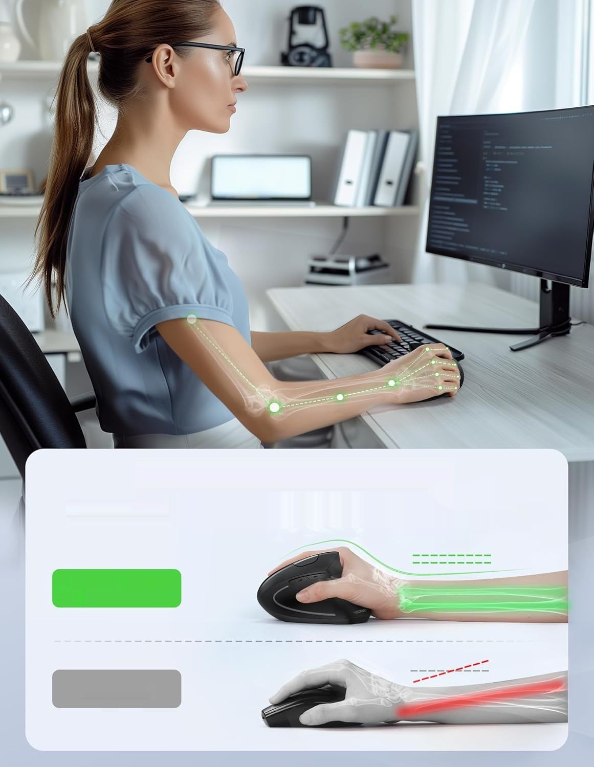 TECKNET TK-MS007 – pionowy, ergonomiczny mysz bezprzewodowa 4800 DPI, czarna