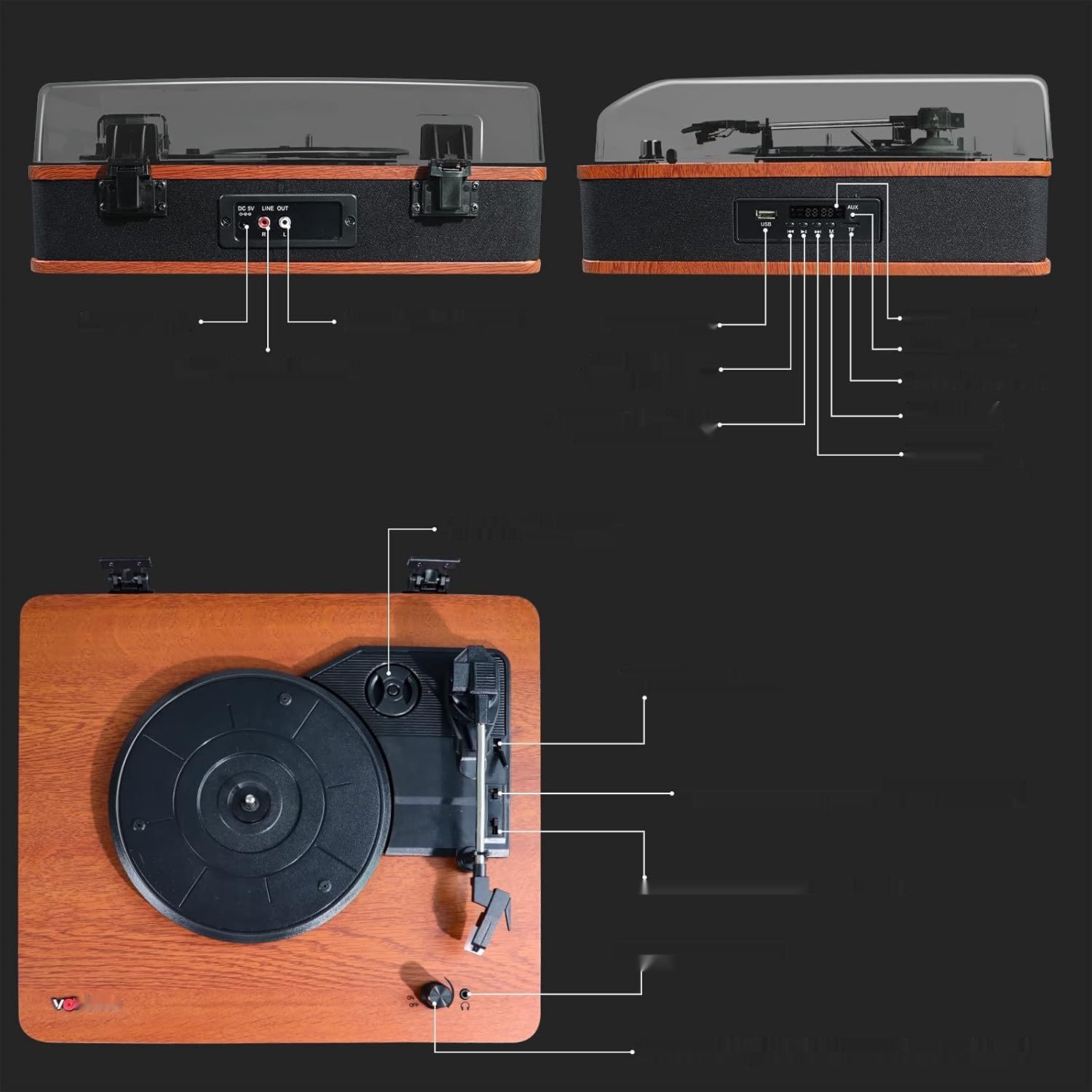 Gramofon VOSTERIO B-660 Tocadiscos de Vinilo z Bluetooth i radiem FM