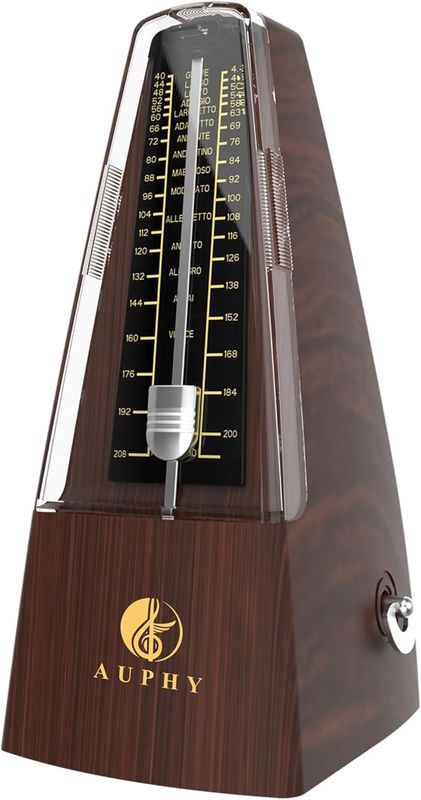 Metronom mechaniczny z dzwonkiem, klasyczny, z wykończeniem w kolorze drewna