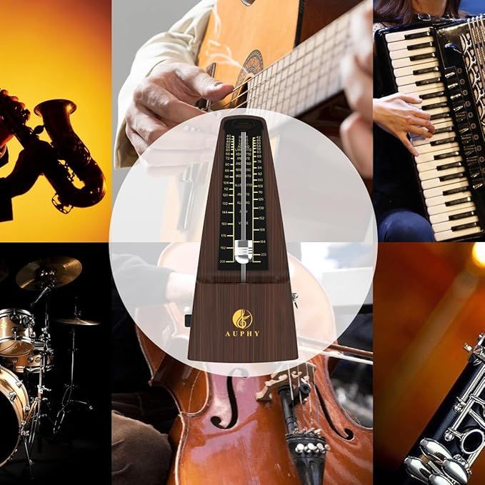 Metronom mechaniczny z dzwonkiem, klasyczny, z wykończeniem w kolorze drewna