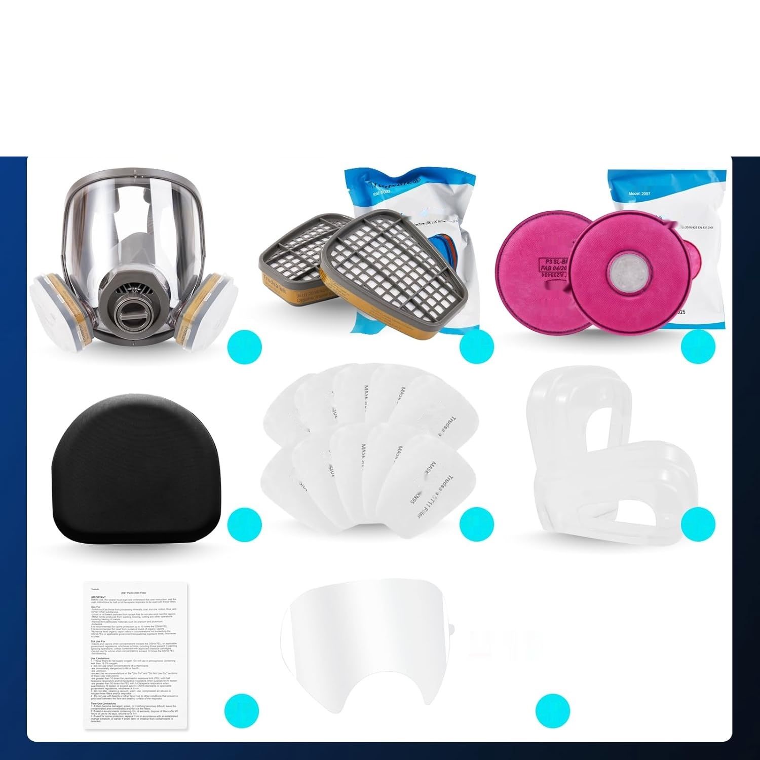 Pełnotwarzowa maska ochronna z twardym etui, filtrami do par organicznych i pyłu