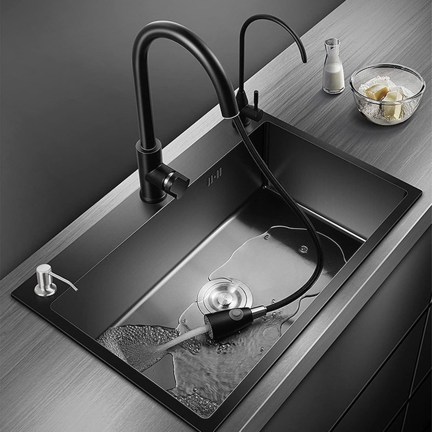 Zlew kuchenny Juanya 55 × 45 cm, czarny, stal nierdzewna z baterią wyciąganą