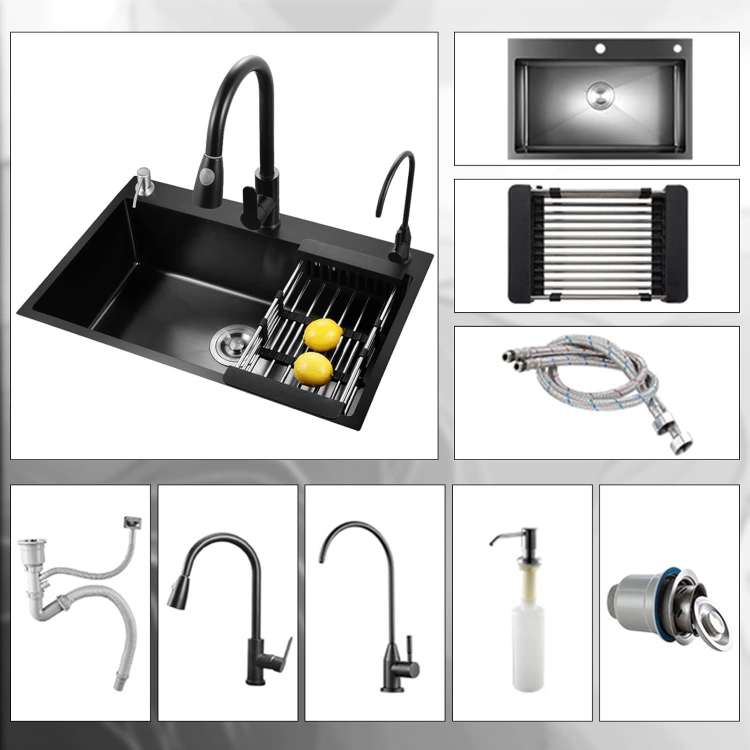 Zlew kuchenny Juanya 55 × 45 cm, czarny, stal nierdzewna z baterią wyciąganą