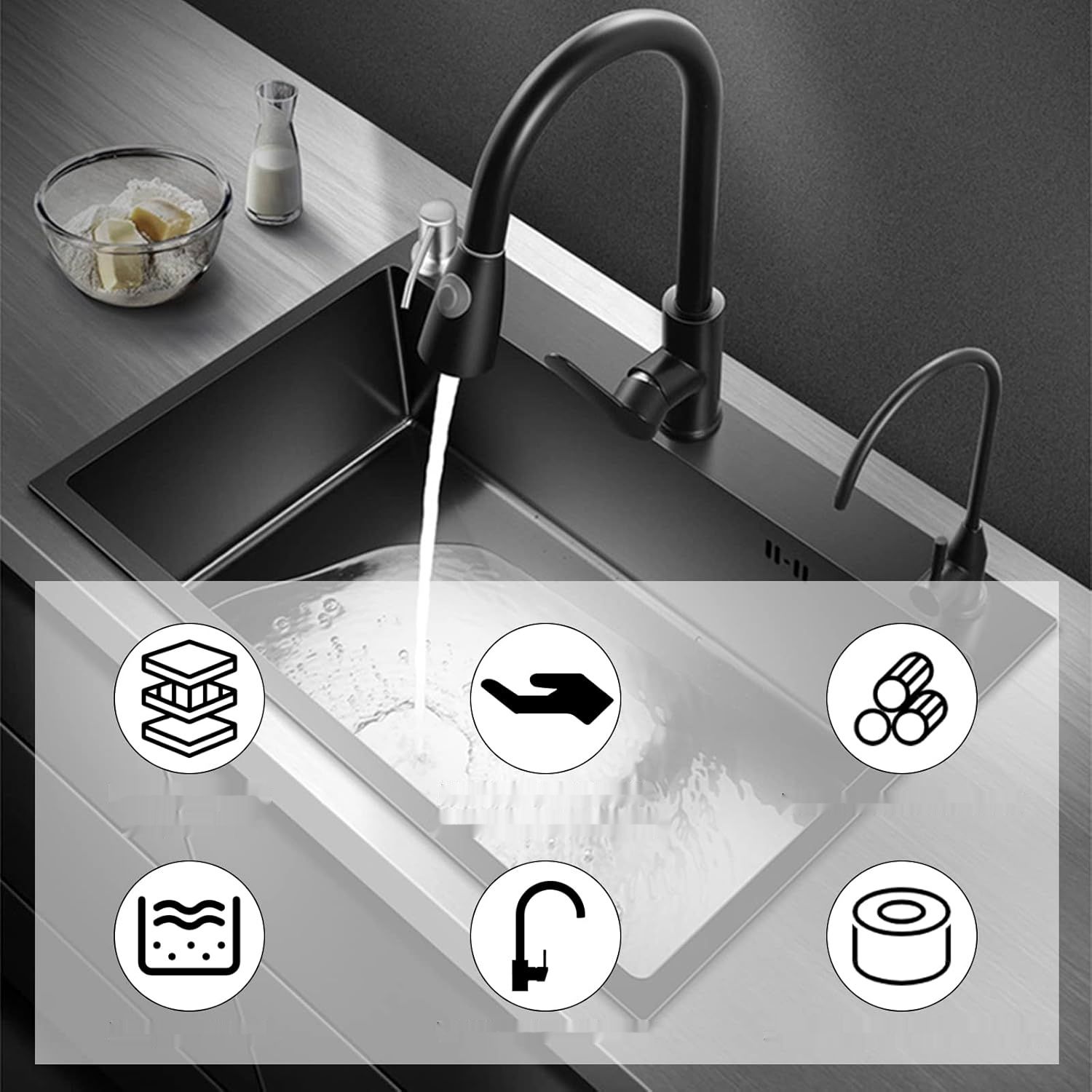 Zlew kuchenny Juanya 55 × 45 cm, czarny, stal nierdzewna z baterią wyciąganą