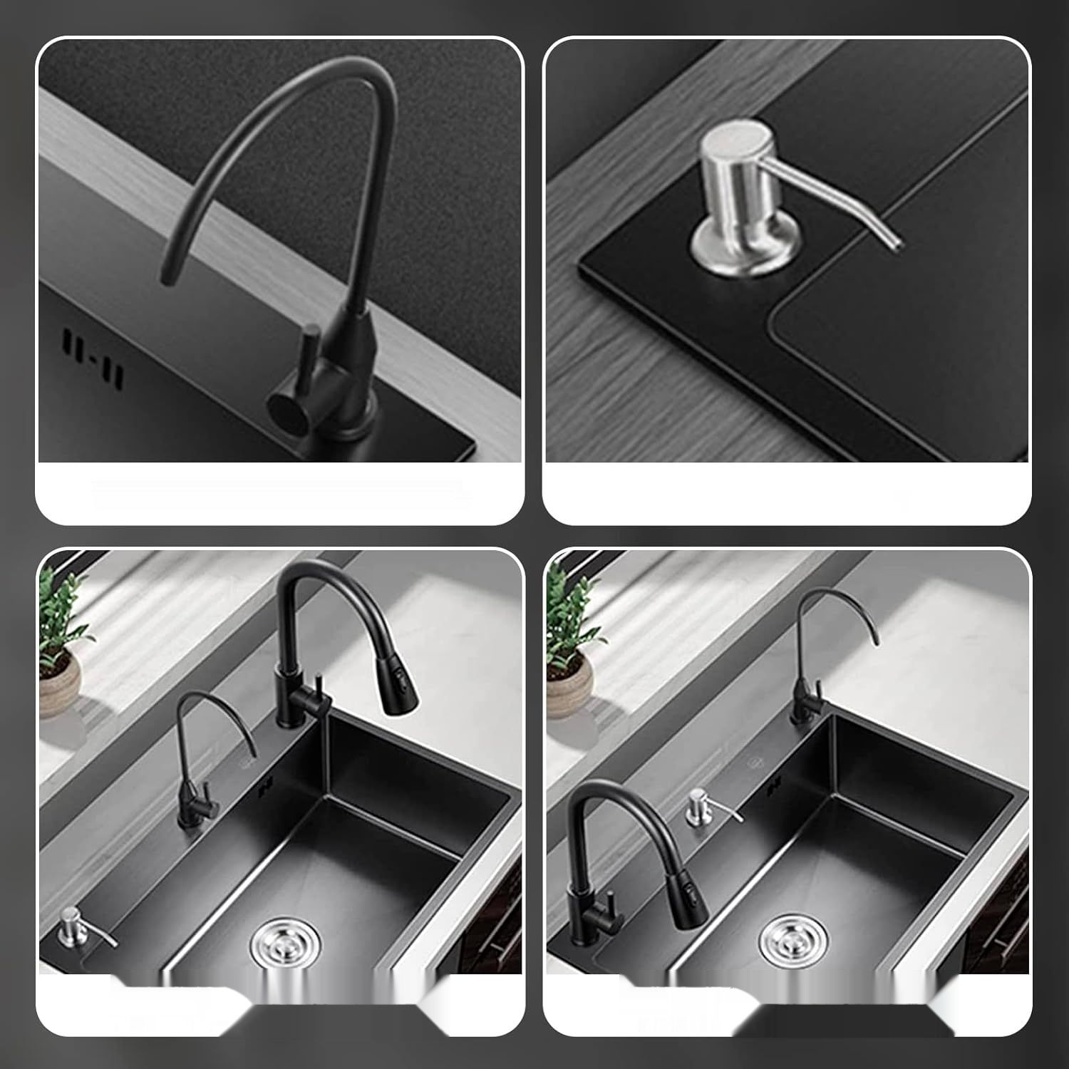 Zlew kuchenny Juanya 55 × 45 cm, czarny, stal nierdzewna z baterią wyciąganą