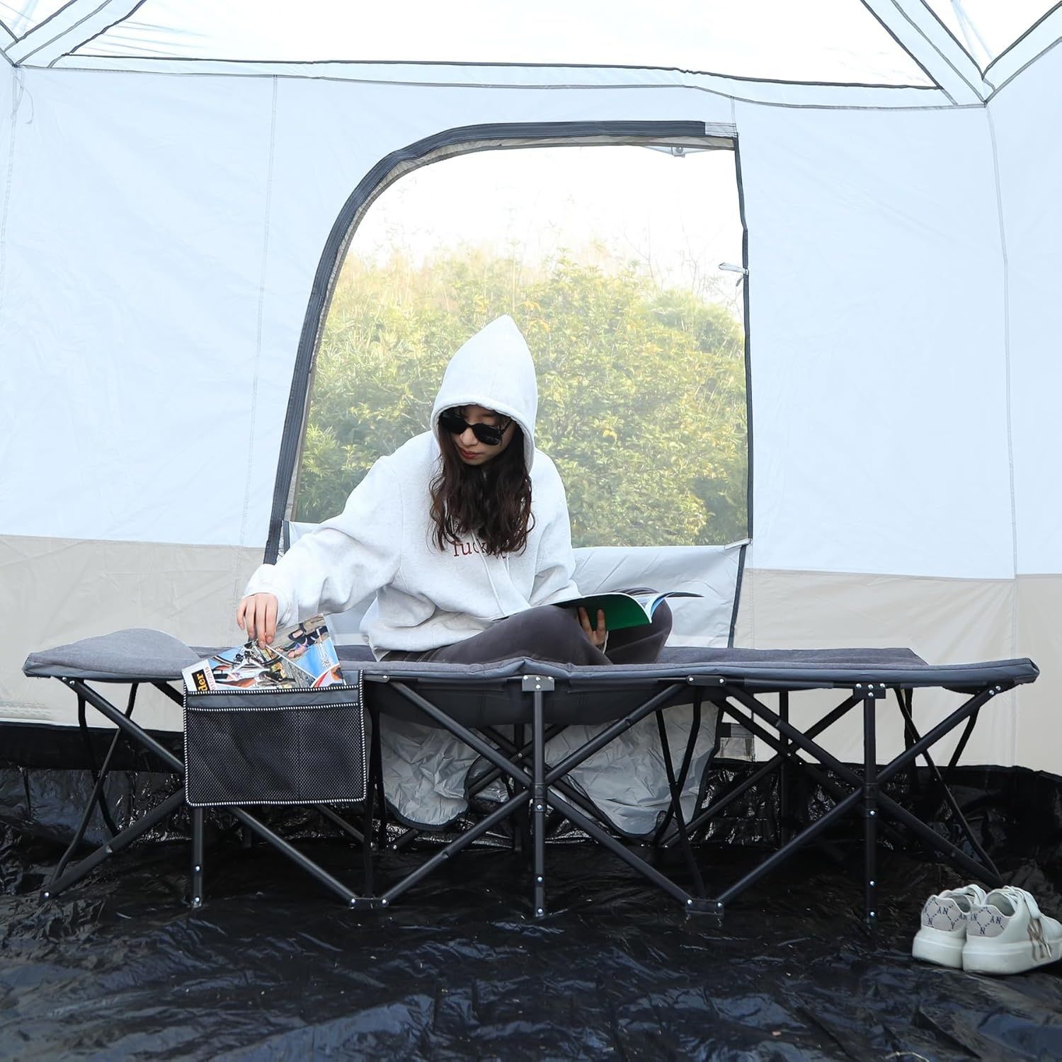 REDCAMP szerokie łóżko turystyczne składane z materacem, szare