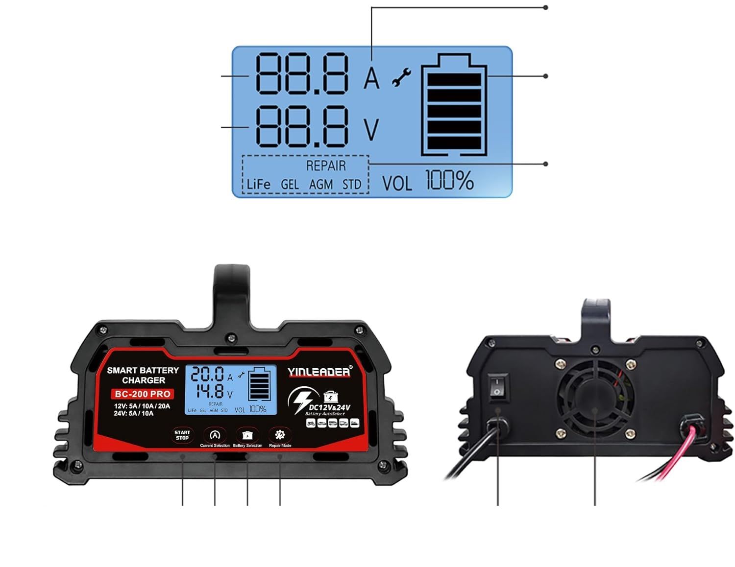 Ładowarka do akumulatorów samochodowych Yinleader 20A 12V/24V z wyświetlaczem LCD