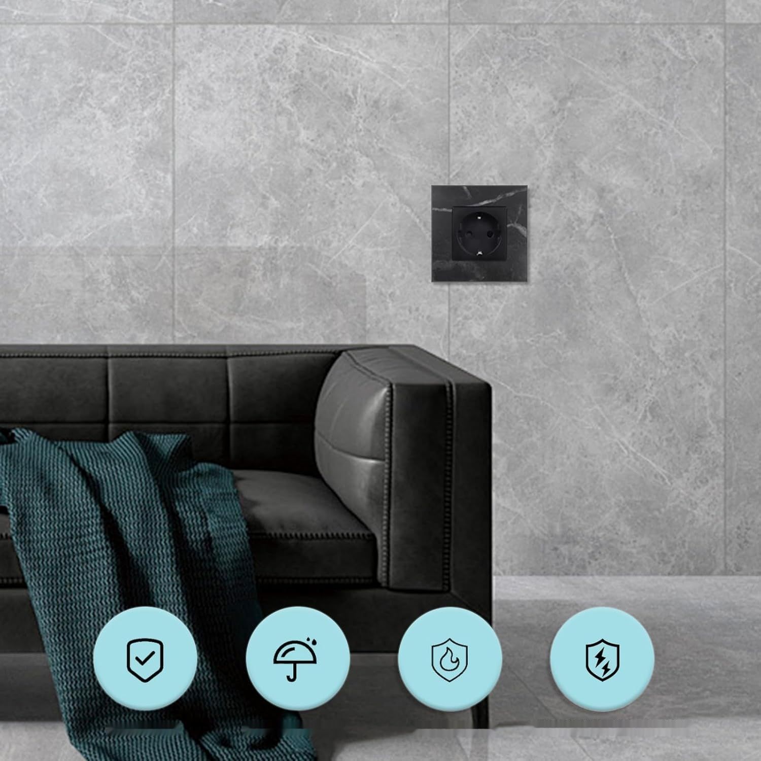 CNBINGO Schuko gniazdo podtynkowe, pojedyncze, czarne, z ramką marmurową