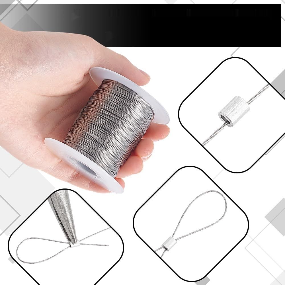 PH PandaHall 100 m 0,5 mm – stalowa linka nierdzewna z 30 tulejkami zaciskowymi