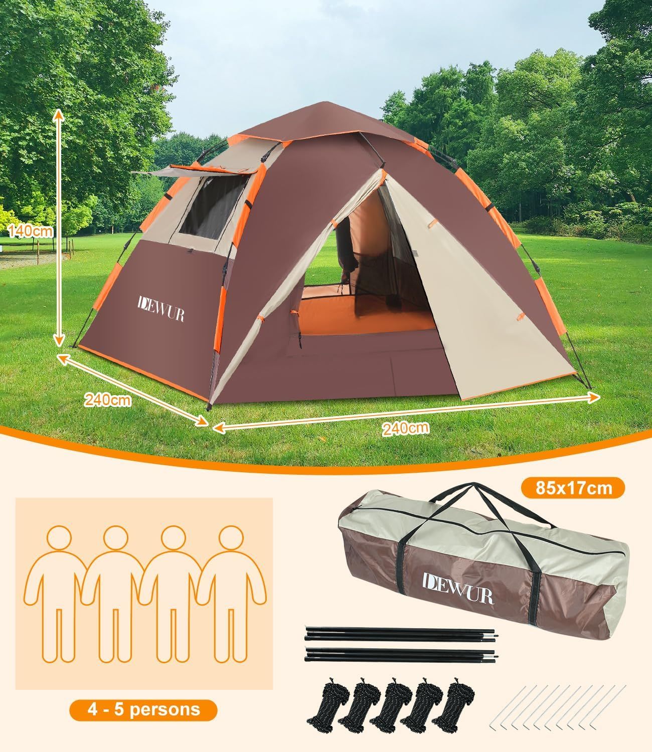 Dewur Camping Zelt Pop-Up 4-osobowy, wodoodporny, 2-warstwowy namiot rodzinny