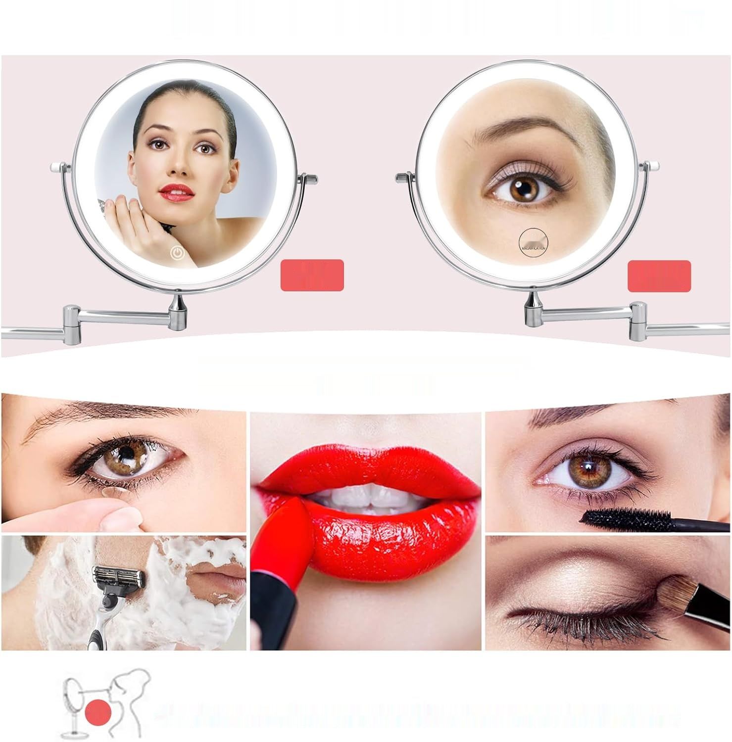 FUNTOUCH – naładowalne lustro do makijażu z oświetleniem, montowane na ścianie, dwustronne 1X/10X