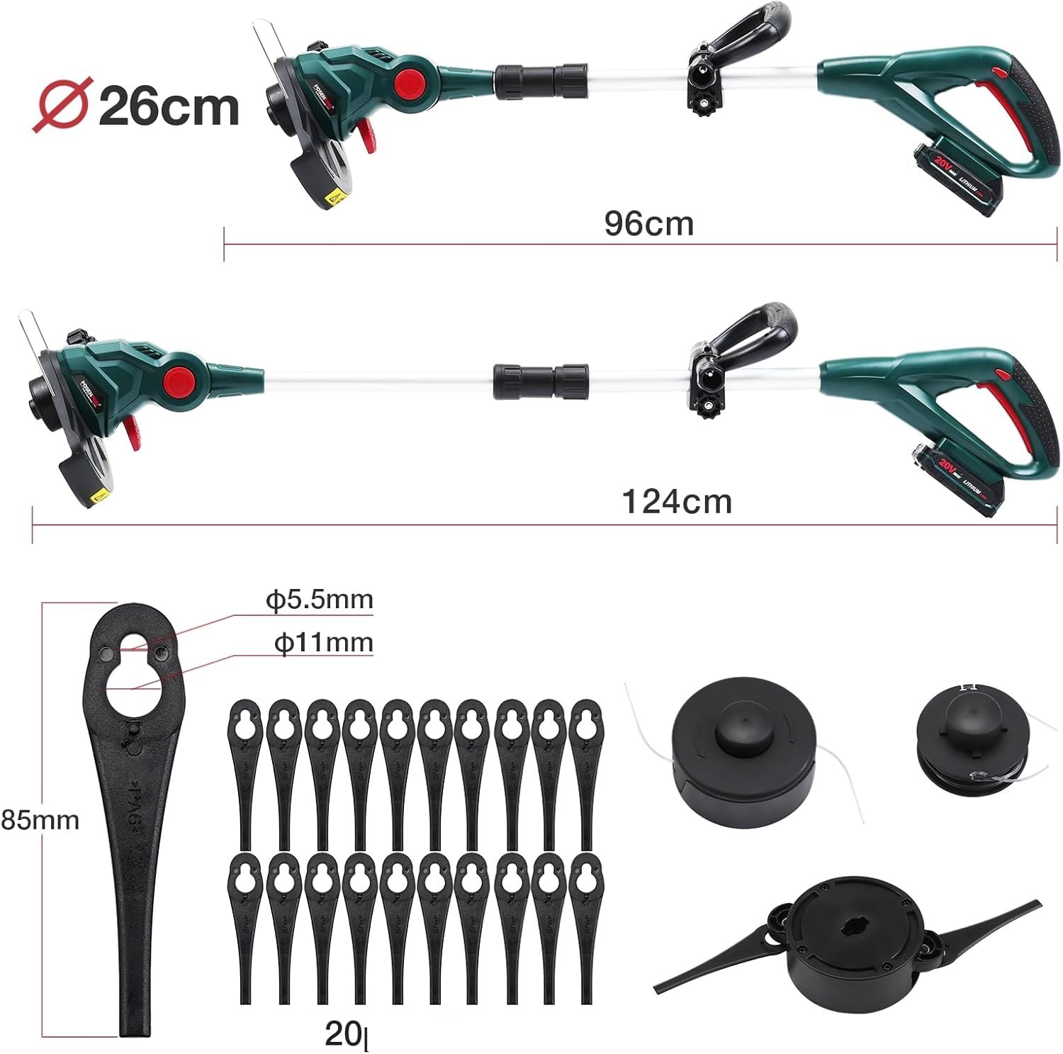 POSENPRO Akumulatorowa podkaszarka/wykaszarka 2 w 1, 20 V teleskopowa