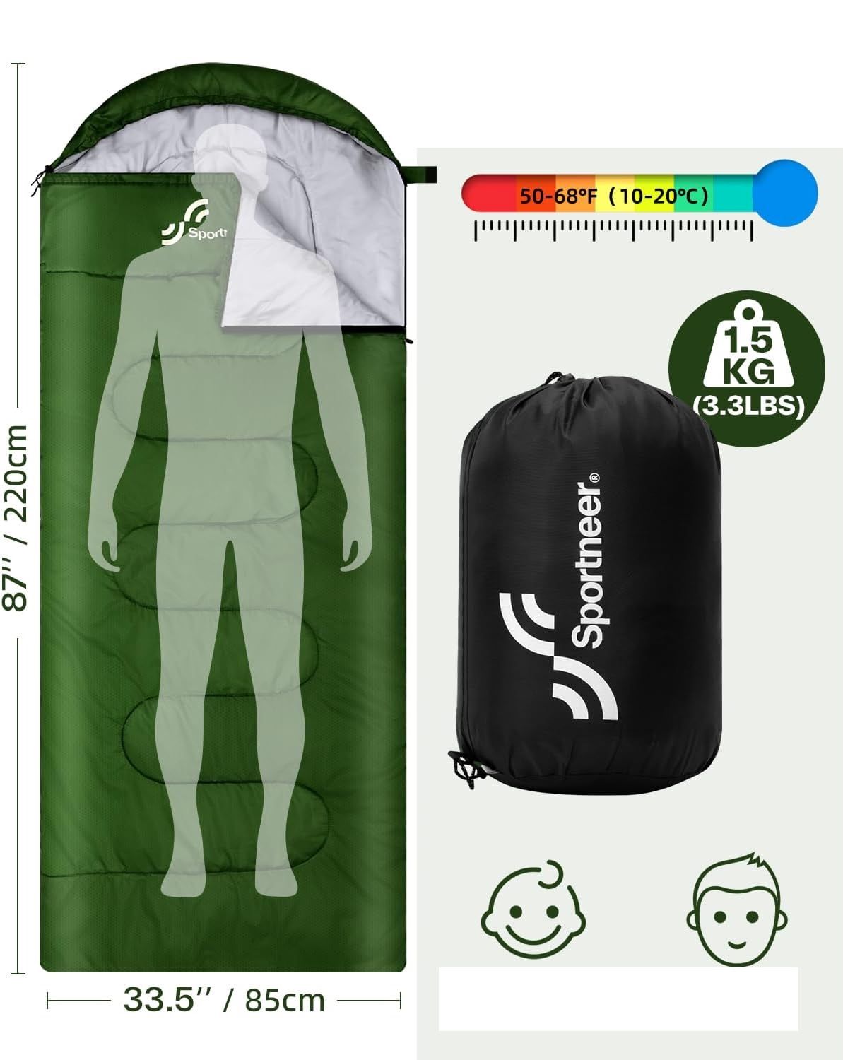 Śpiwór Sportneer Outdoor 3–4 Sezonowy 220×85 cm – Zielony