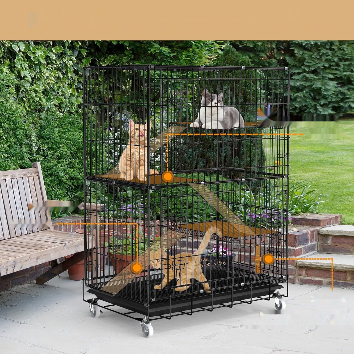 Duża, składana klatka dla kotów 4‑poziomowa z kółkami 90 x 57 x 125 cm
