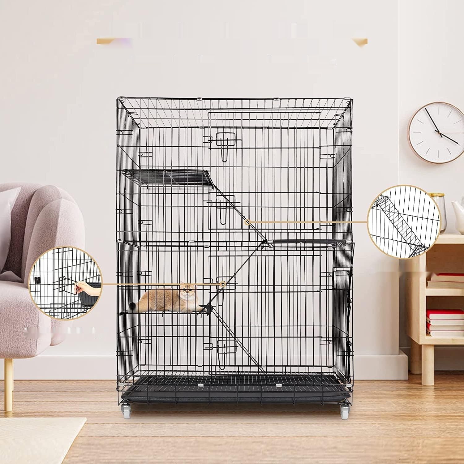 Duża, składana klatka dla kotów 4‑poziomowa z kółkami 90 x 57 x 125 cm
