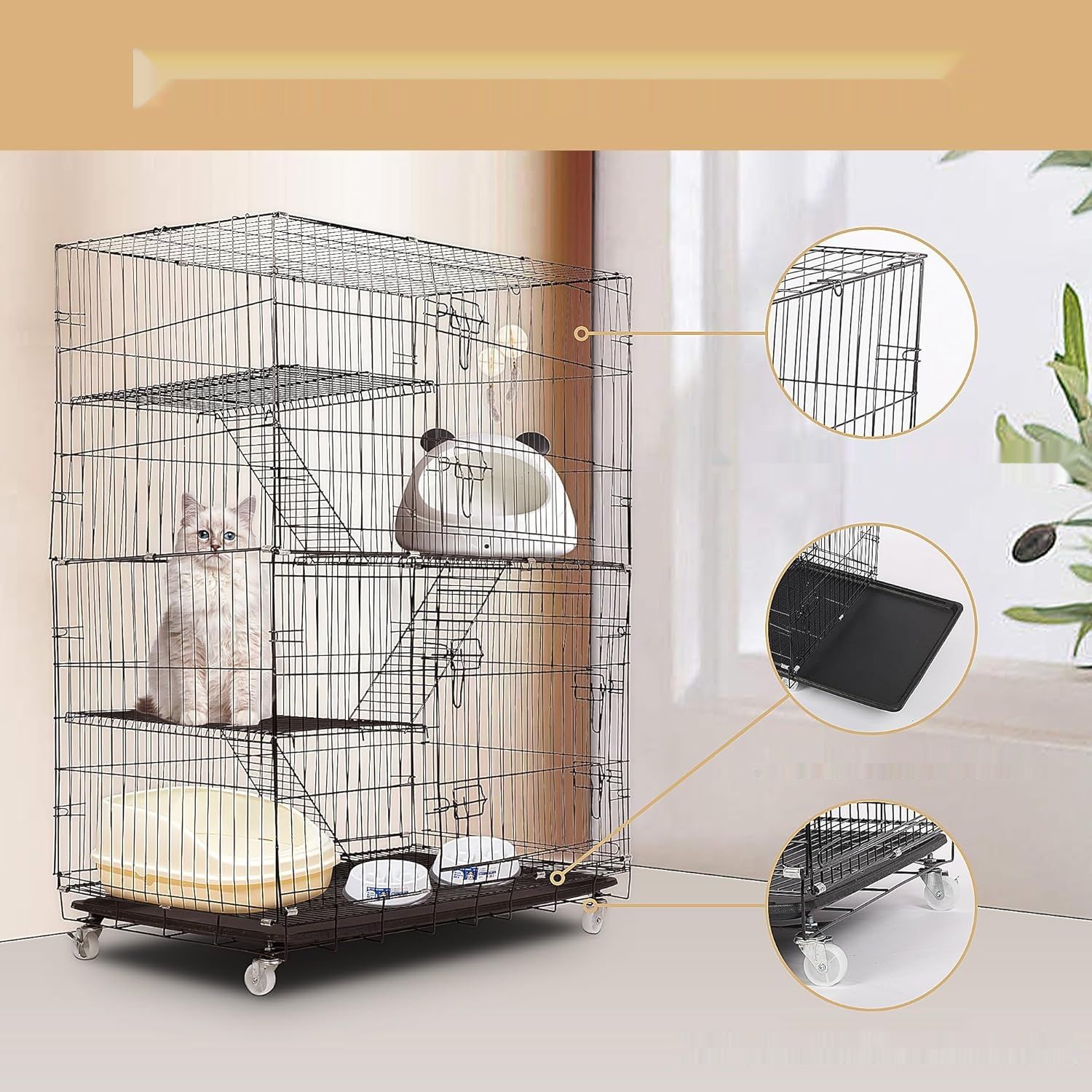 Duża, składana klatka dla kotów 4‑poziomowa z kółkami 90 x 57 x 125 cm