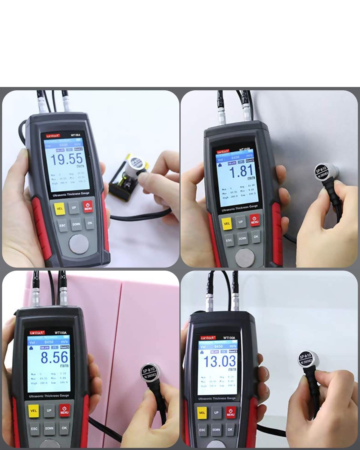Cyfrowy ultradźwiękowy miernik grubości Wintact, zakres od 0,039 do 225 mm