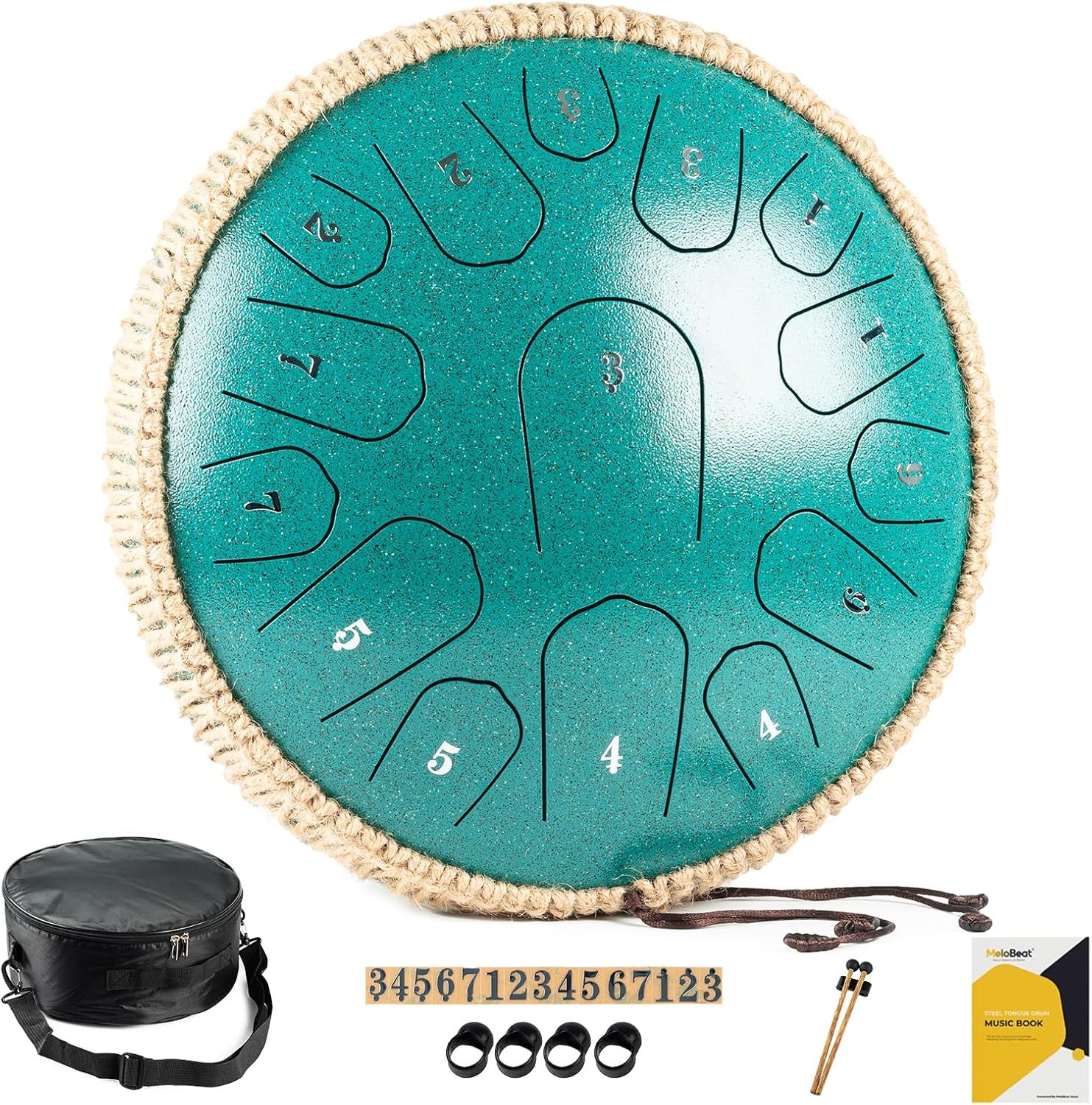 MeloBeat Zungentrommel 13'' 15 Töne D-Dur – Steel Tongue Drum Set (Zielony)
