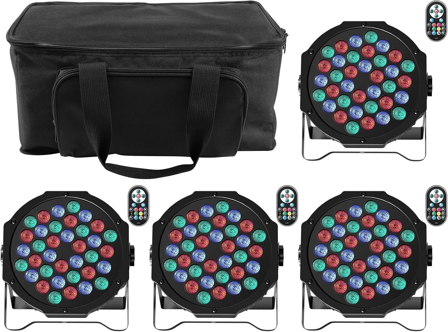 DELIBANG Zestaw 4 reflektorów LED Par 36 z torbą – RGB DMX Disco Light z pilotem
