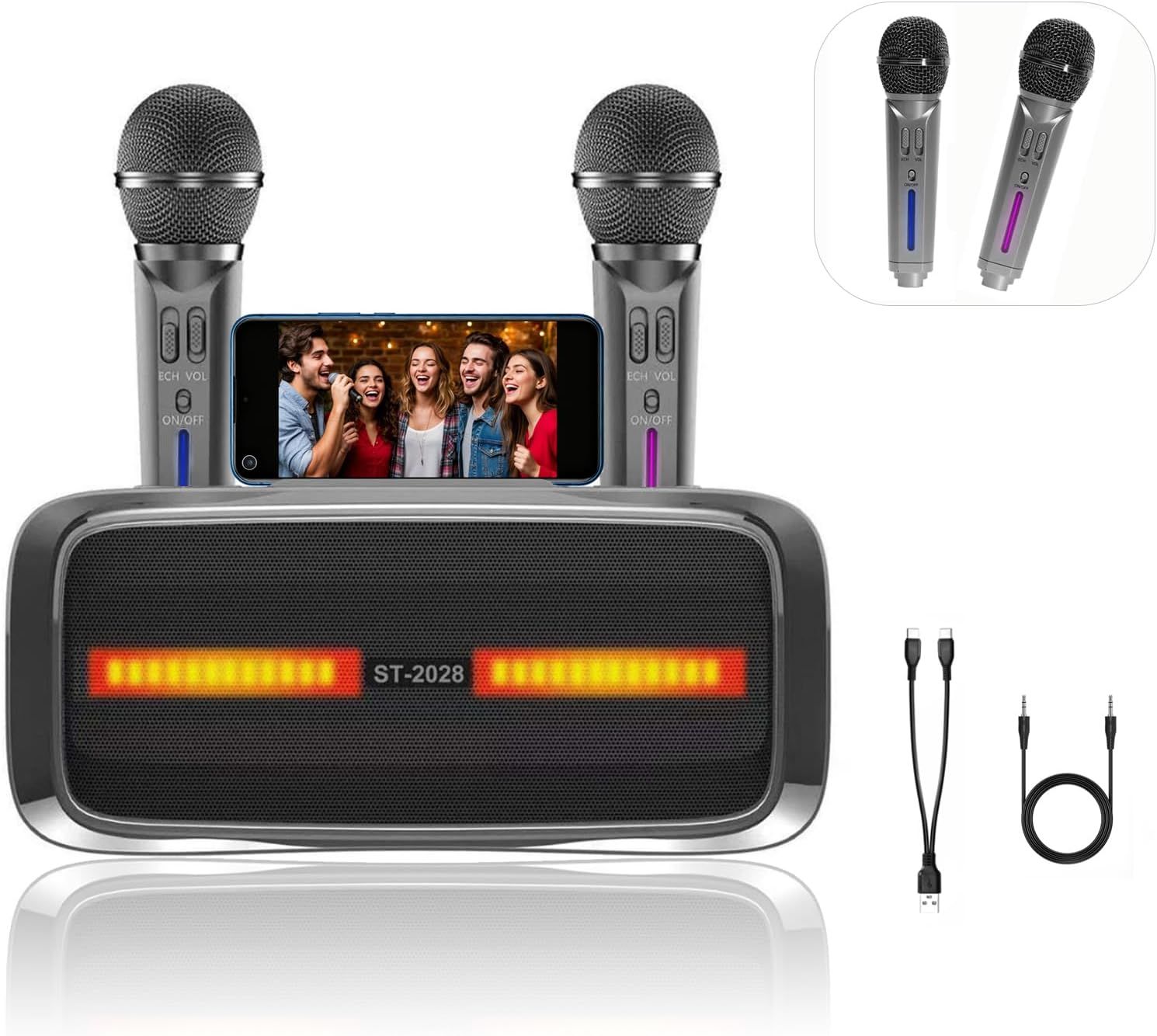 Karaoke Bluetooth AFAITH z 2 mikrofonami bezprzewodowymi – przenośny głośnik imprezowy z efektami świetlnymi