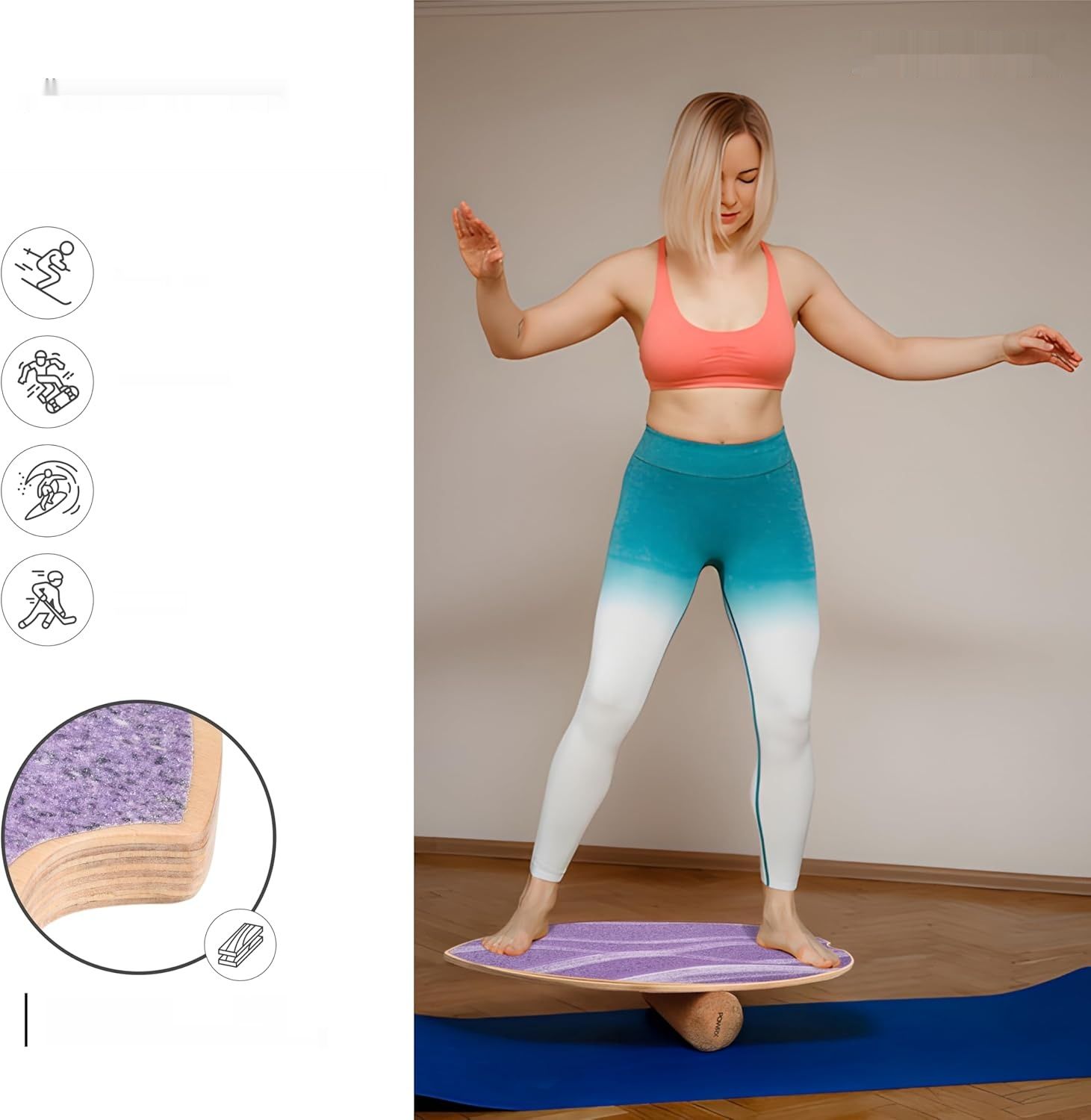 Zmienić FOTO na różowy!!!!       Deska równoważna POWRX z drewna – deska balansowa do treningu surfingω