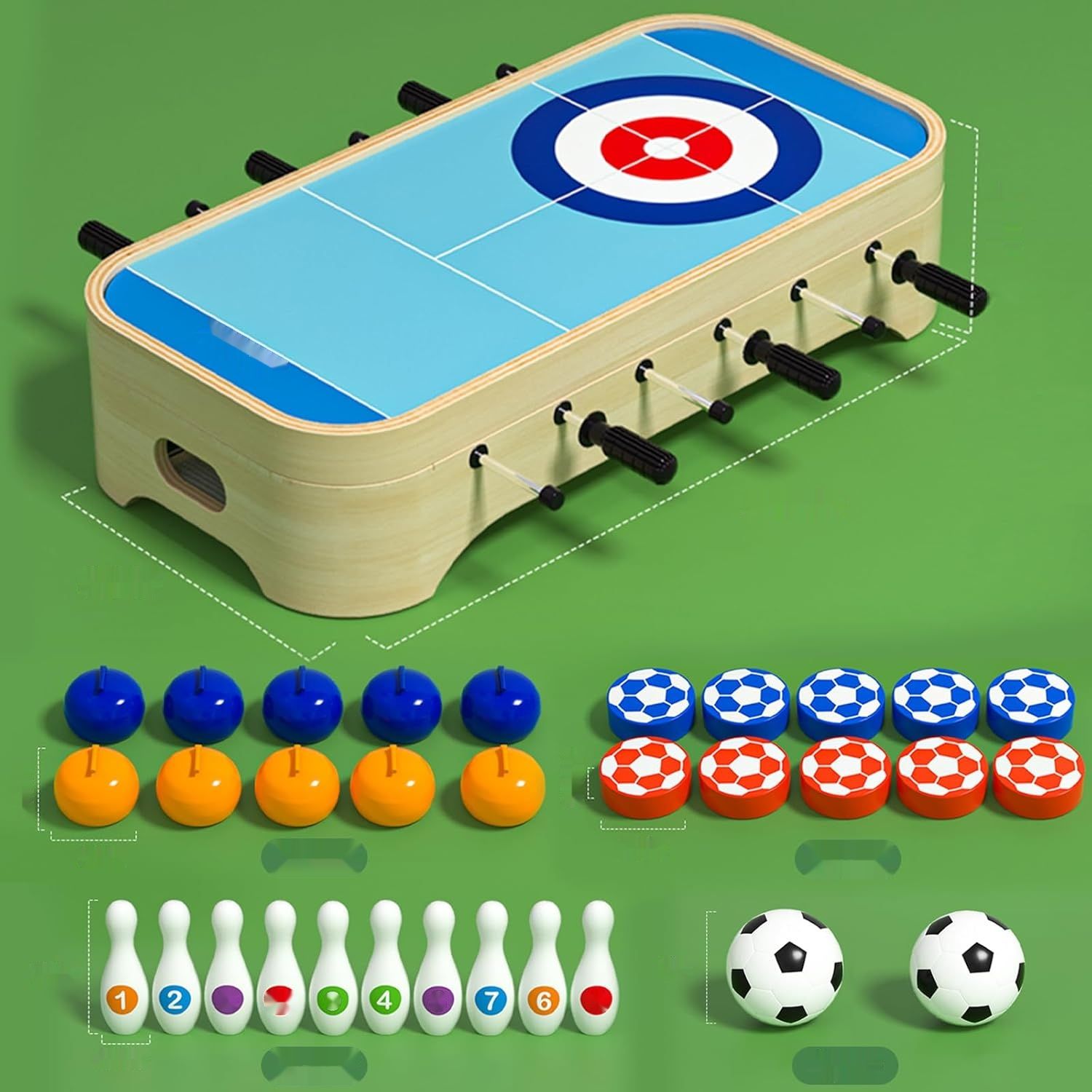 WOODENFUN Drewniany stół do gier 4 w 1 – bowling, piłkarzyki, curling, hokej