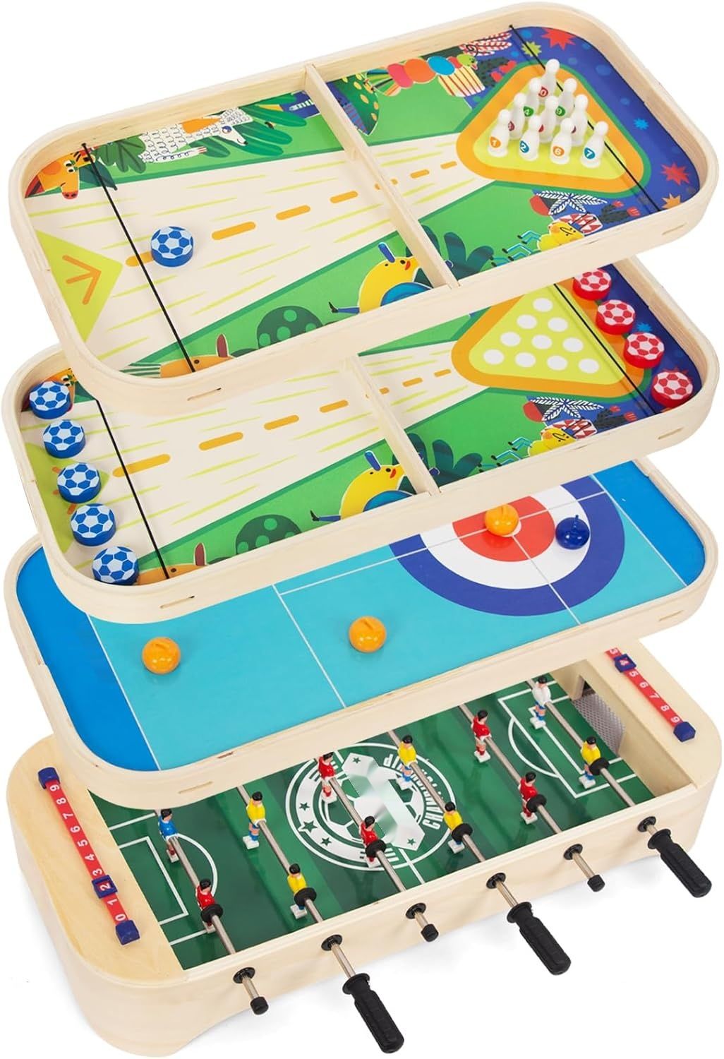 WOODENFUN Drewniany stół do gier 4 w 1 – bowling, piłkarzyki, curling, hokej