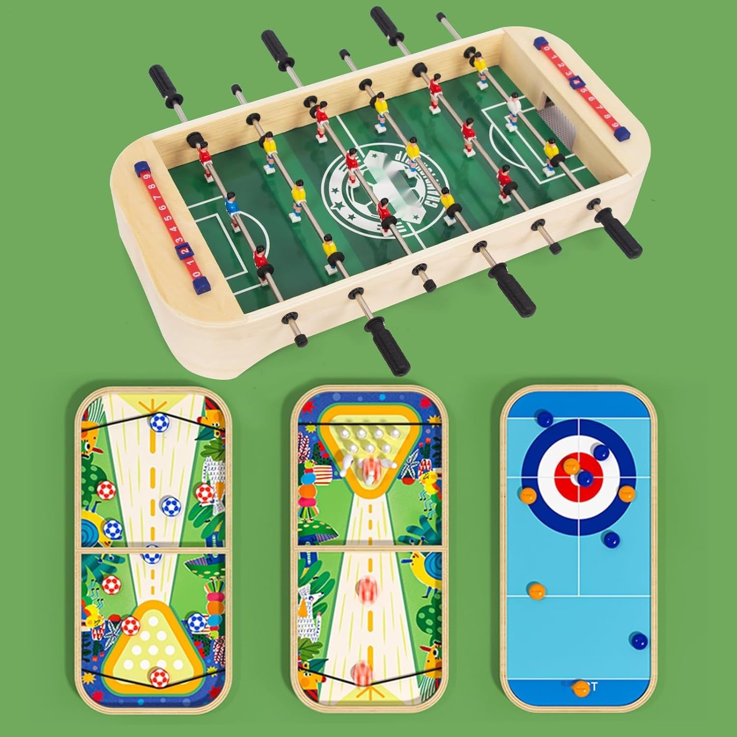WOODENFUN Drewniany stół do gier 4 w 1 – bowling, piłkarzyki, curling, hokej