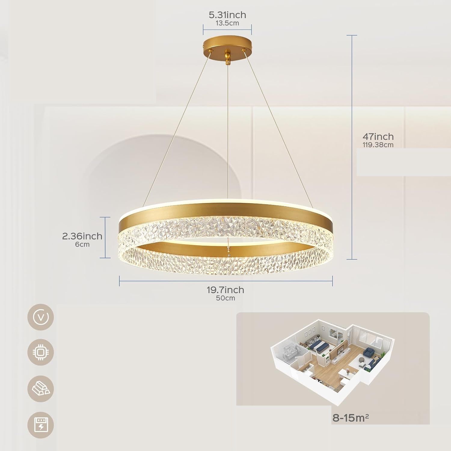 BRIMETI nowoczesna lampa wisząca LED 60W, 50 cm, złota, ściemnialna z pilotem i aplikacją