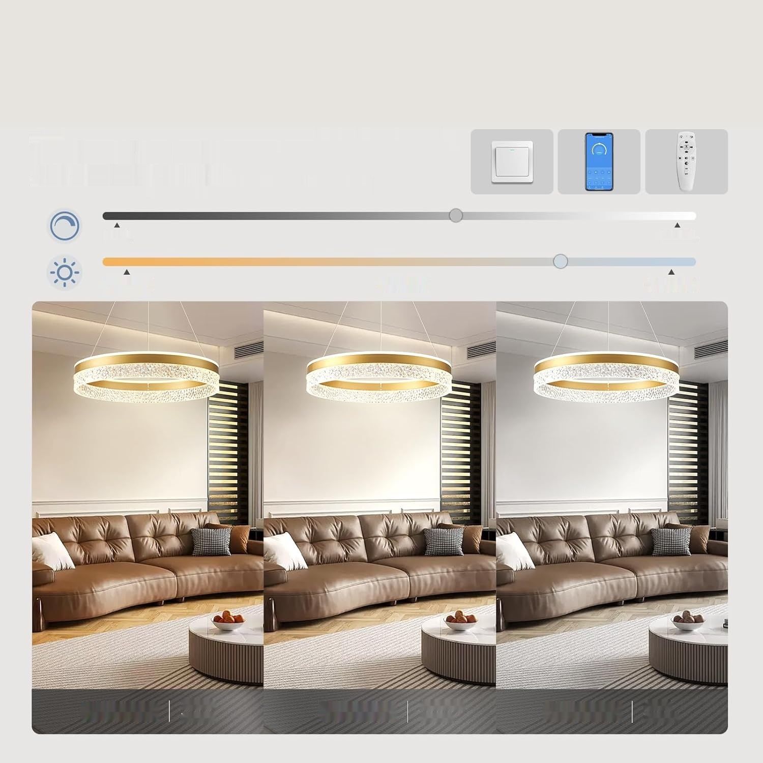 BRIMETI nowoczesna lampa wisząca LED 60W, 50 cm, złota, ściemnialna z pilotem i aplikacją