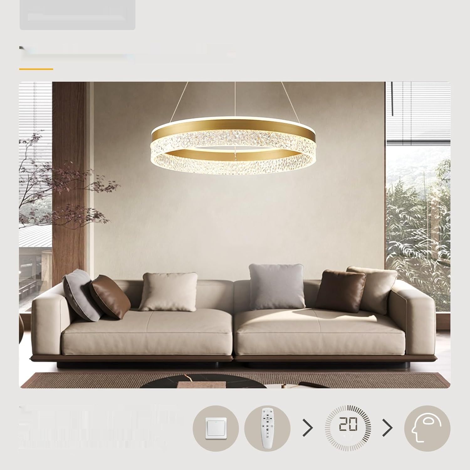 BRIMETI nowoczesna lampa wisząca LED 60W, 50 cm, złota, ściemnialna z pilotem i aplikacją