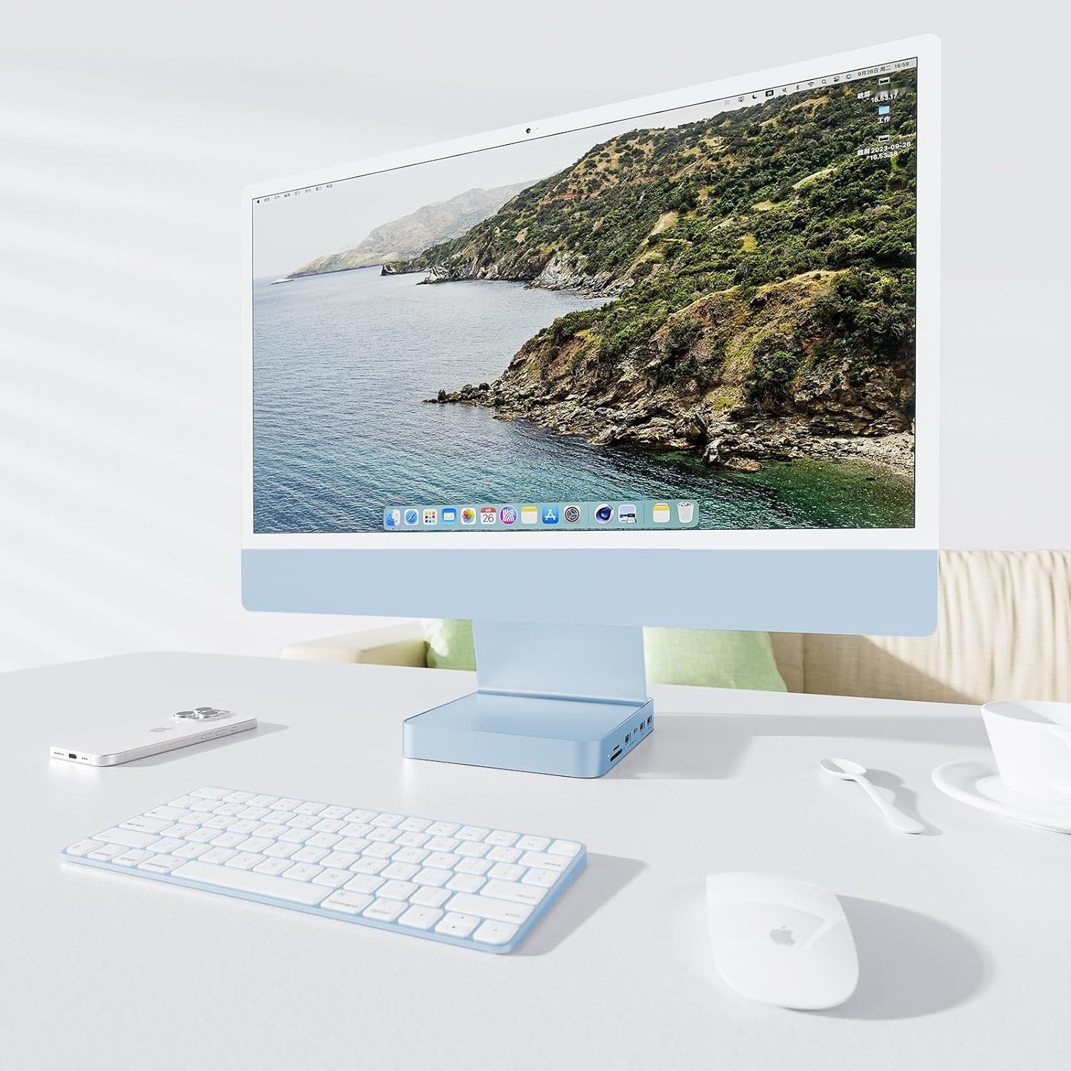 USB-C hub PULWTOP 7‑w‑1 do iMac 24" z obsługą M.2 NVMe SSD, niebieski