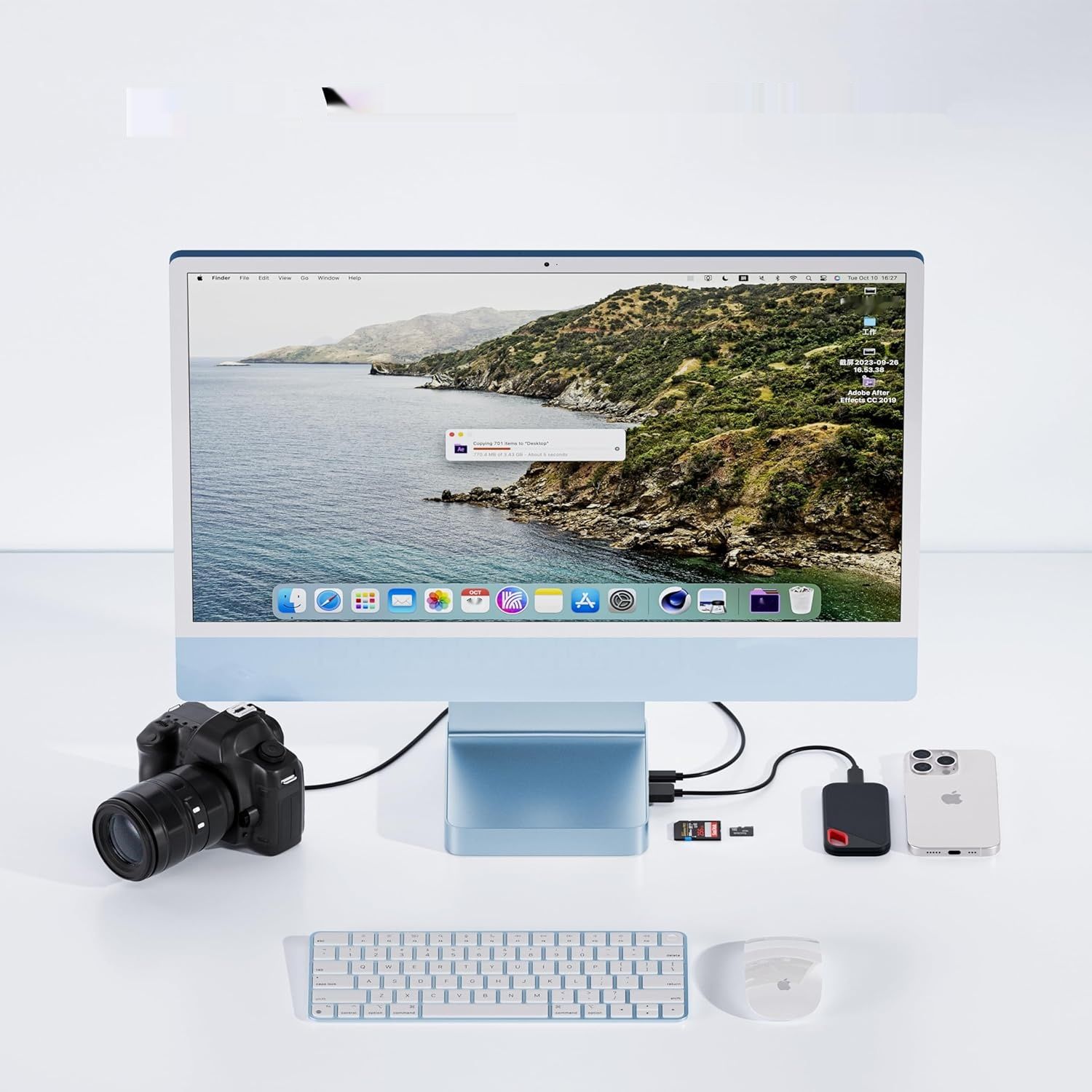 USB-C hub PULWTOP 7‑w‑1 do iMac 24" z obsługą M.2 NVMe SSD, niebieski