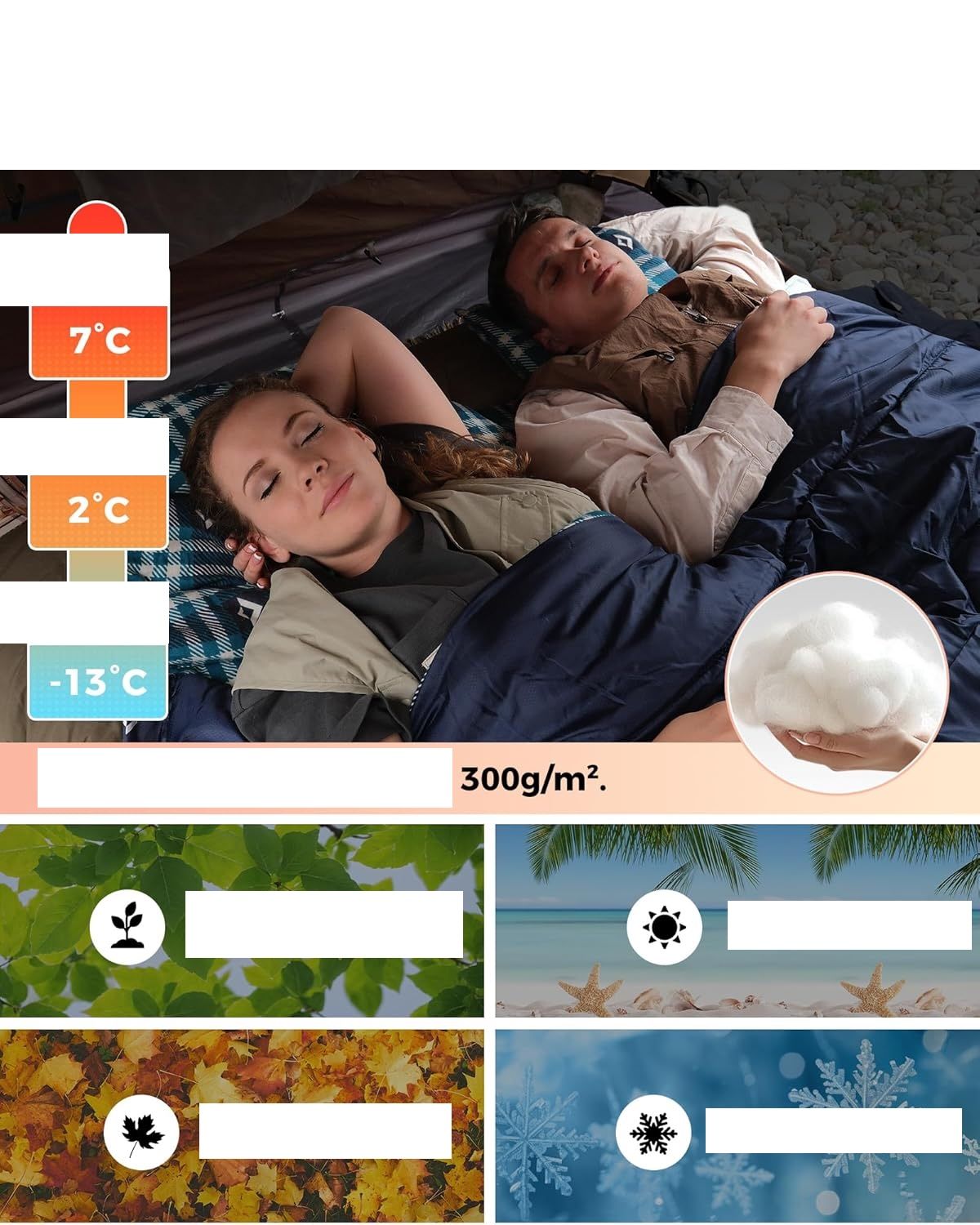 KingCamp Śpiwór Dwuosobowy Extra Duży 220 x 150 cm z Flanelą i 2 Poduszkami